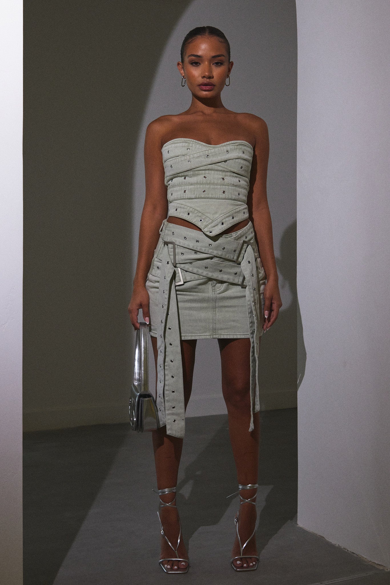 Belted Denim Skirt in Grey Wash - Image 4