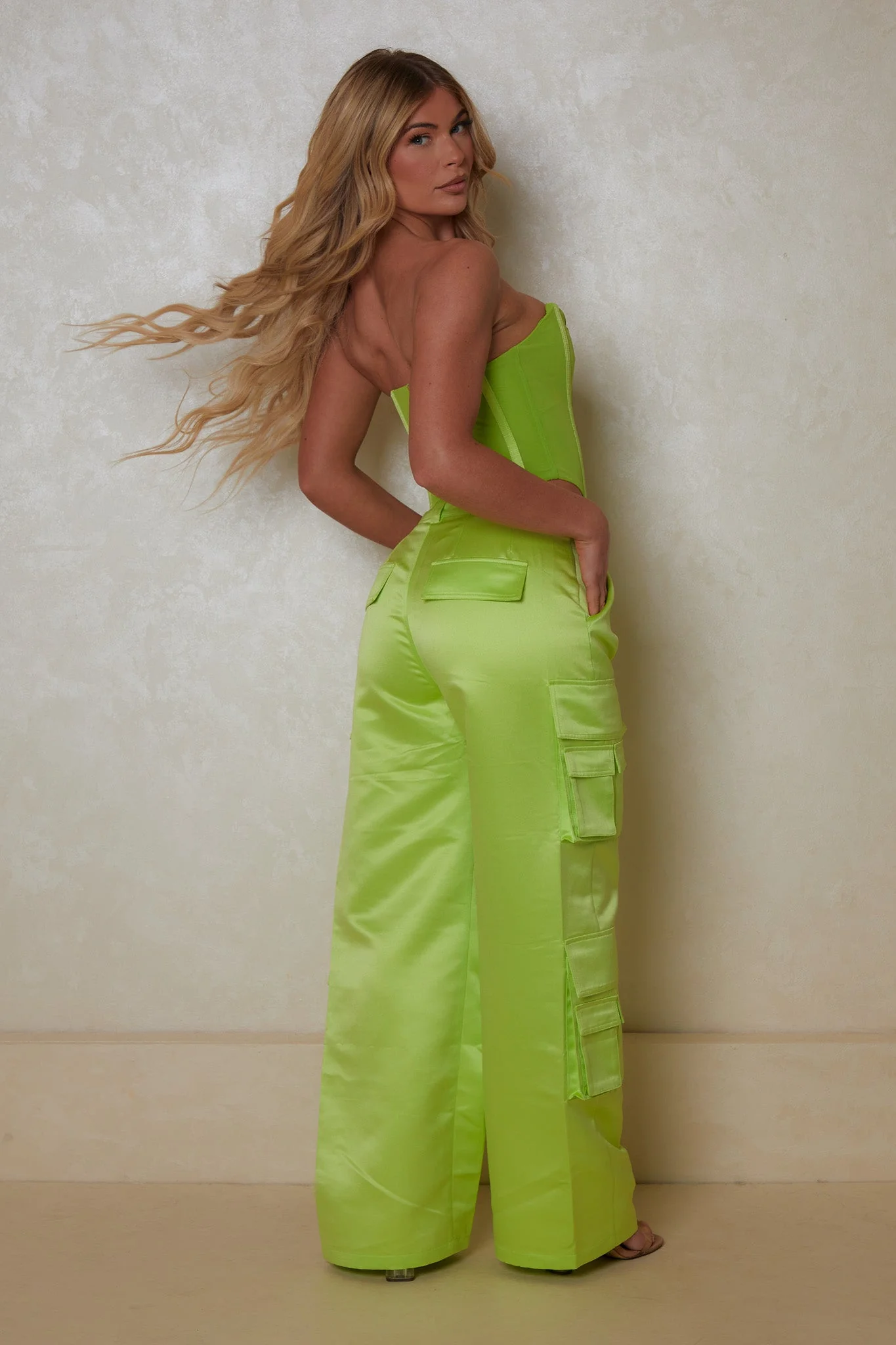 The Matte Satin Cargos in Lime - Image 3