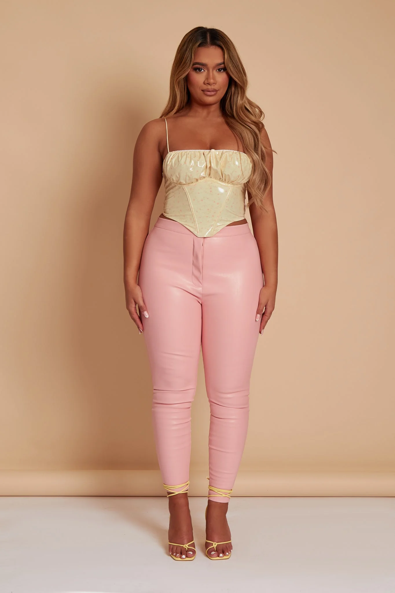 Pastel Yellow PU Floral Crop Top - Image 4