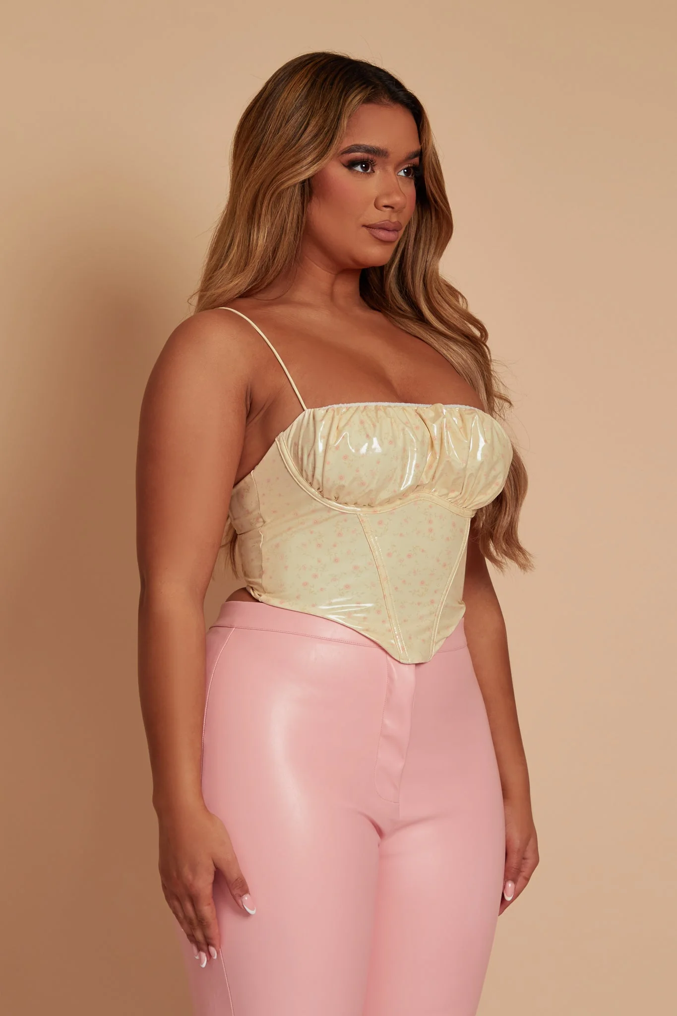 Pastel Yellow PU Floral Crop Top - Image 5