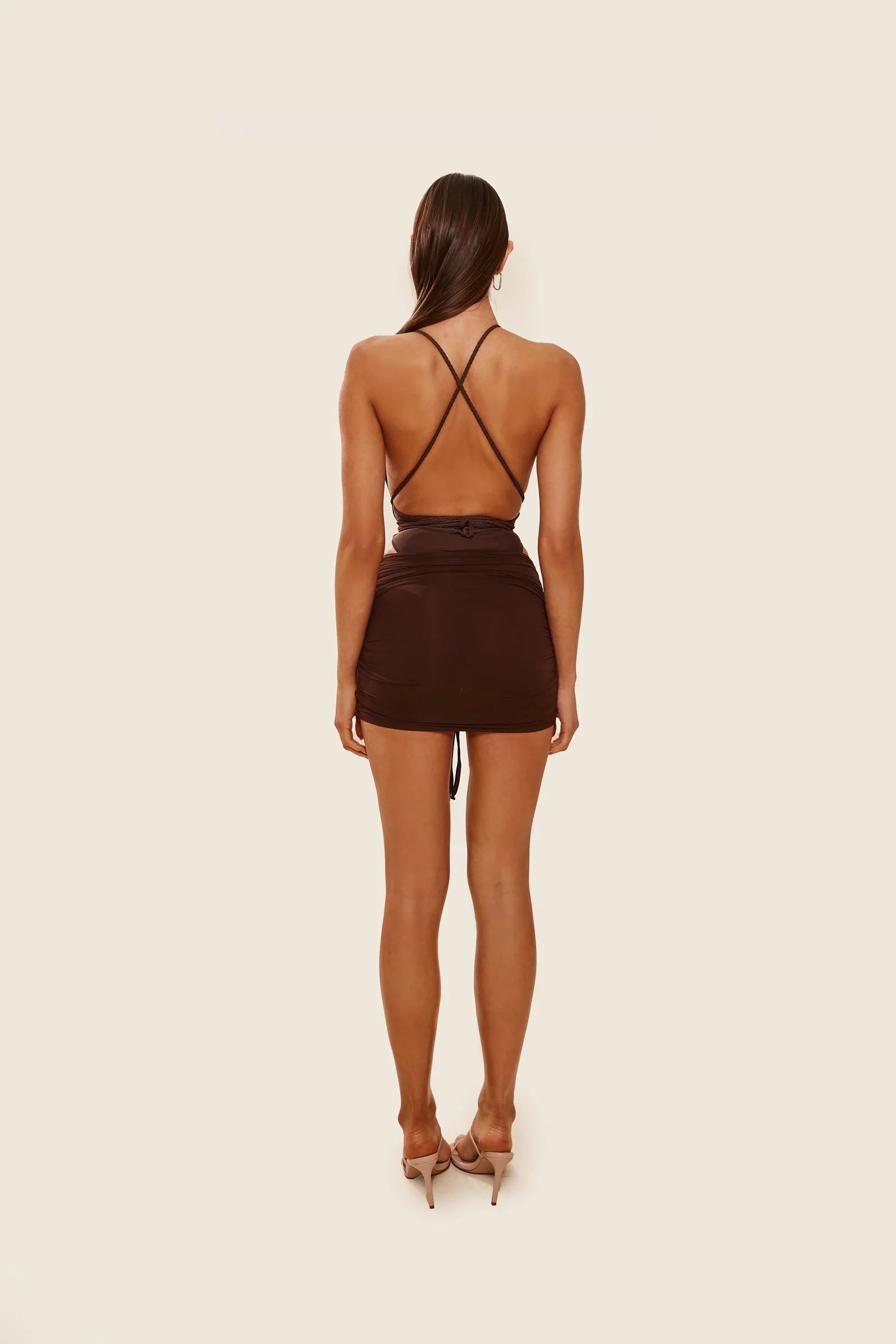 Mesh Ruched Coverup Skirt in Brown - Image 6