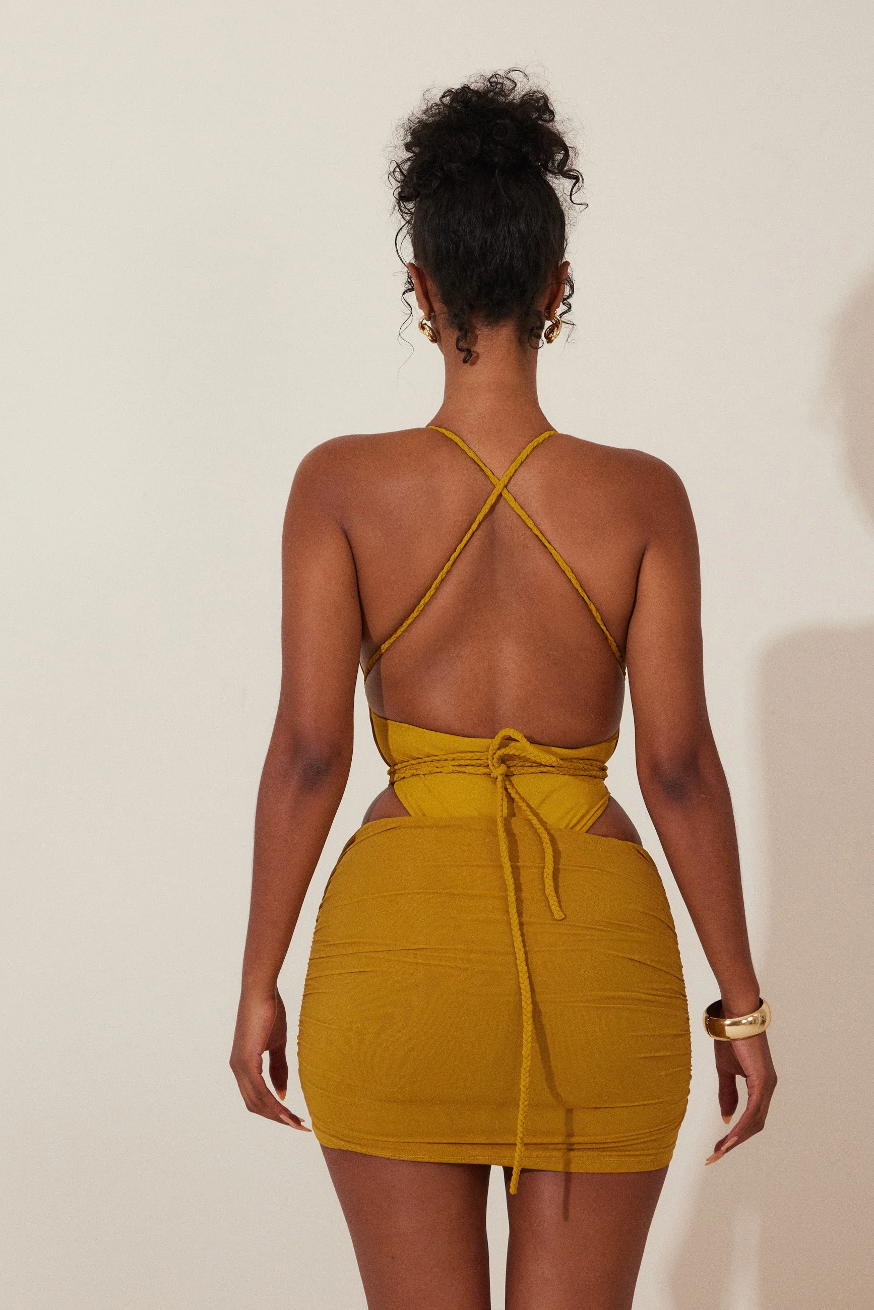 Mesh Ruched Coverup Skirt in Mustard - Image 5
