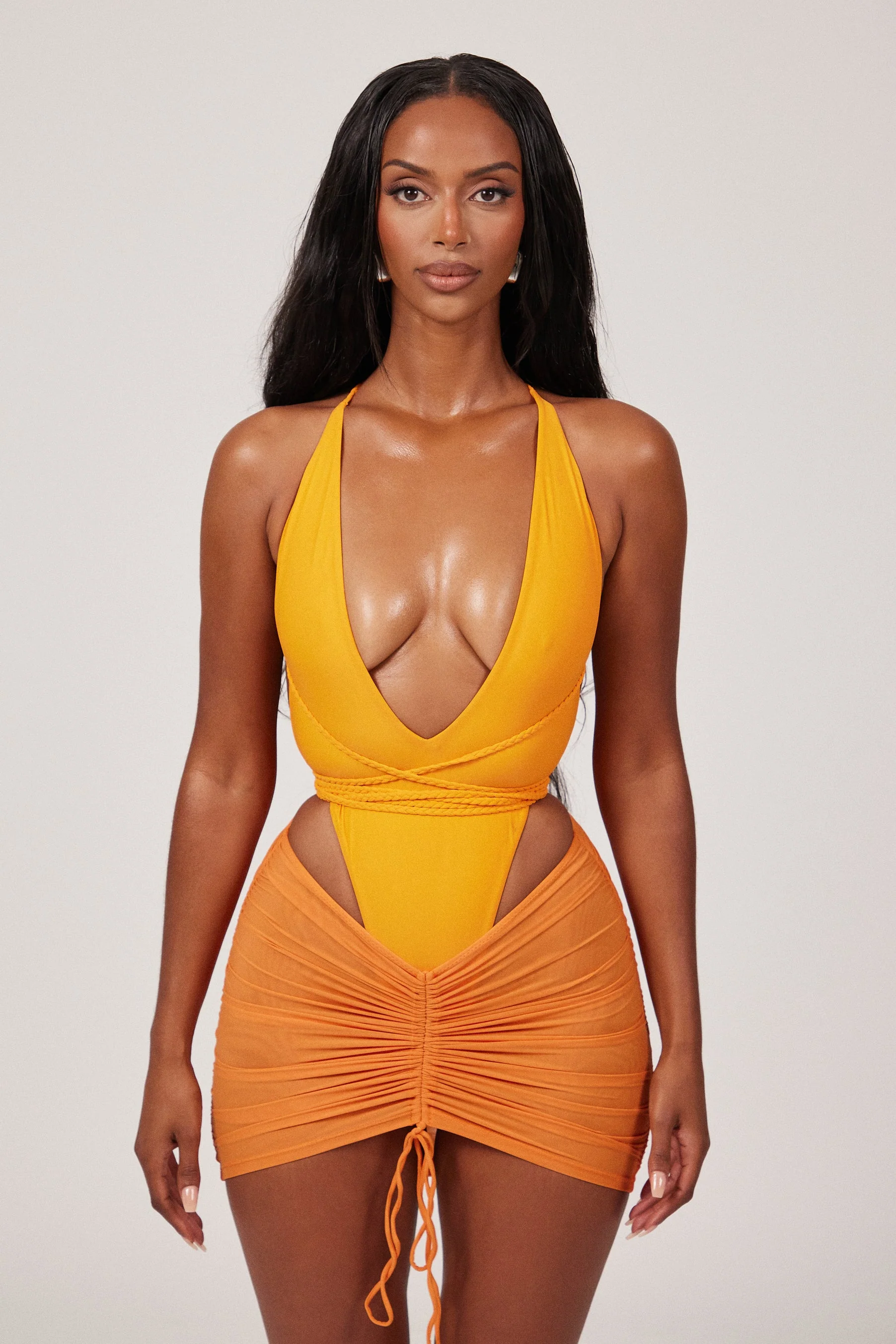 Mesh Ruched Coverup Skirt in Orange - Image 9