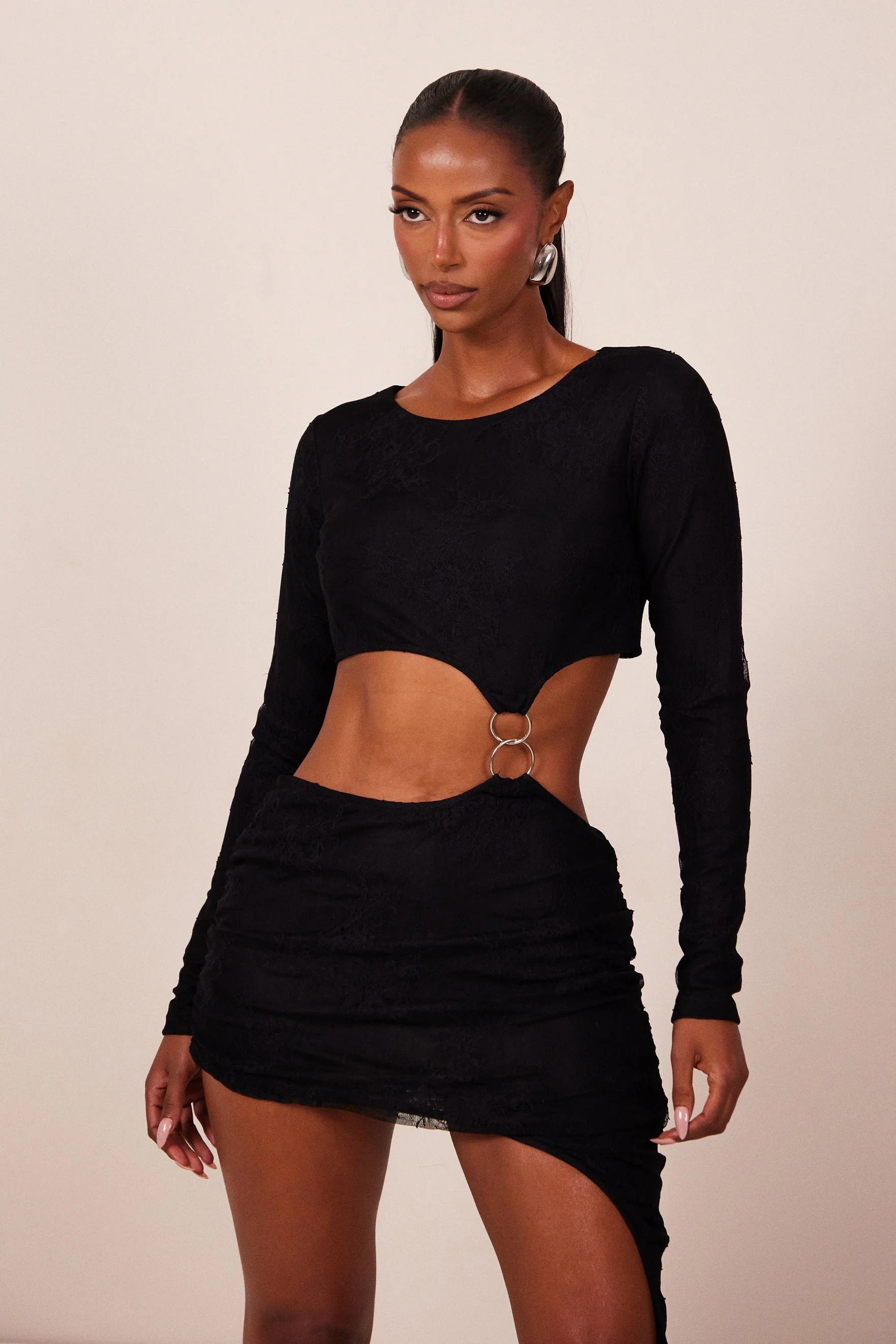 Ring Detail Cut Out Dress in Black