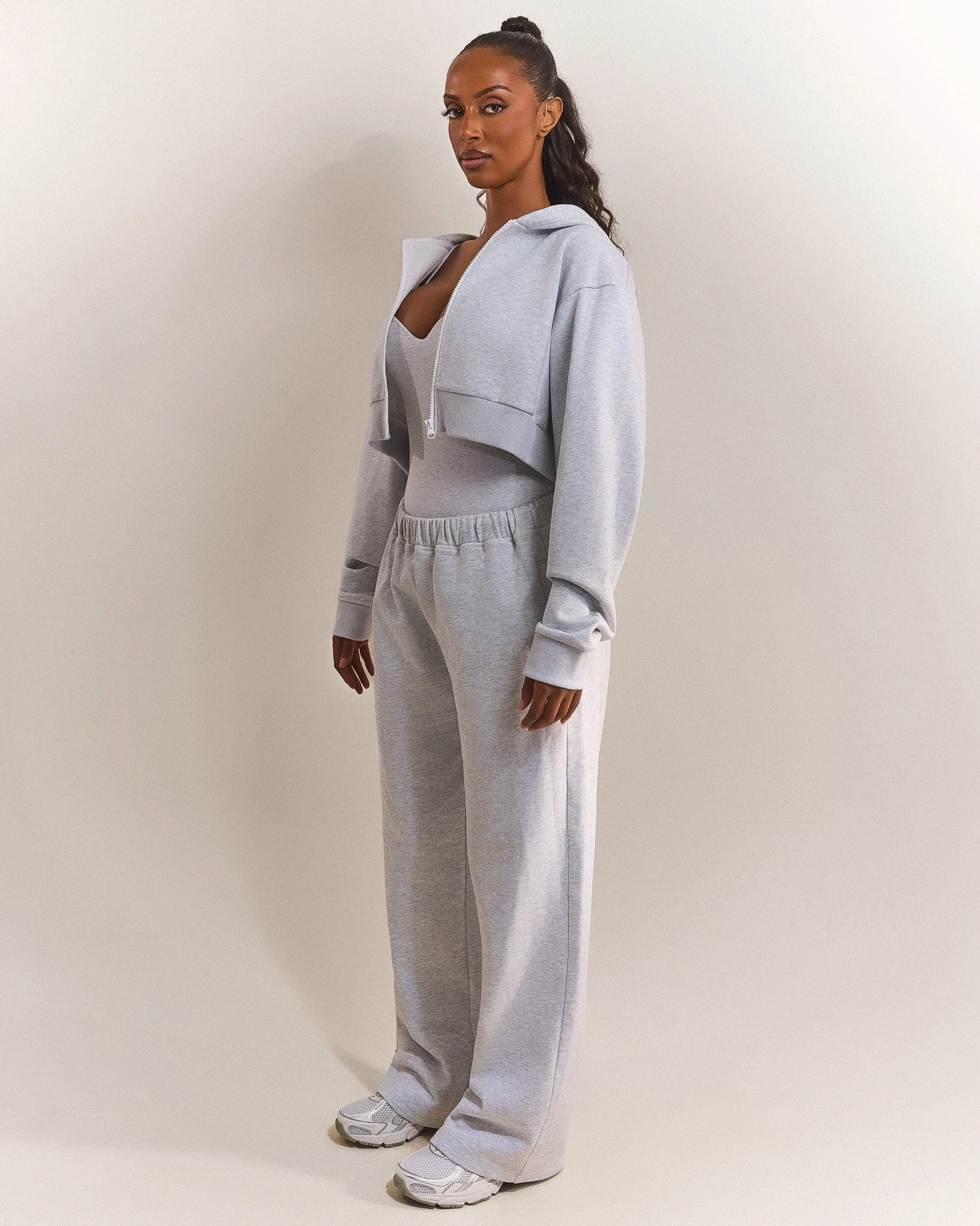 The Basic Crop Zip Hoodie in Grey Marl - Image 3