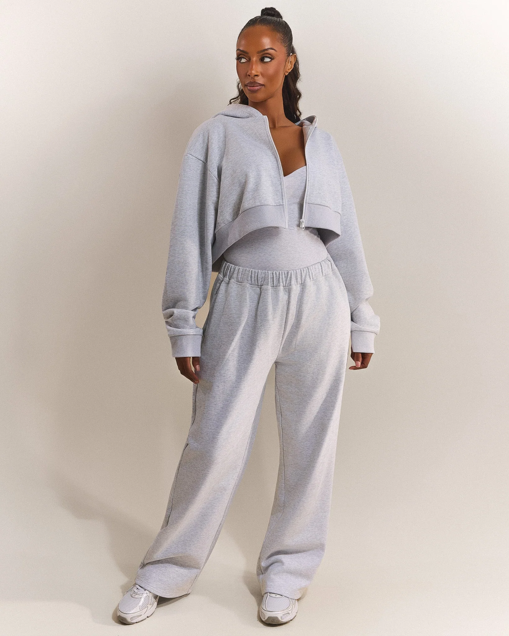 The Basic Crop Zip Hoodie in Grey Marl - Image 5