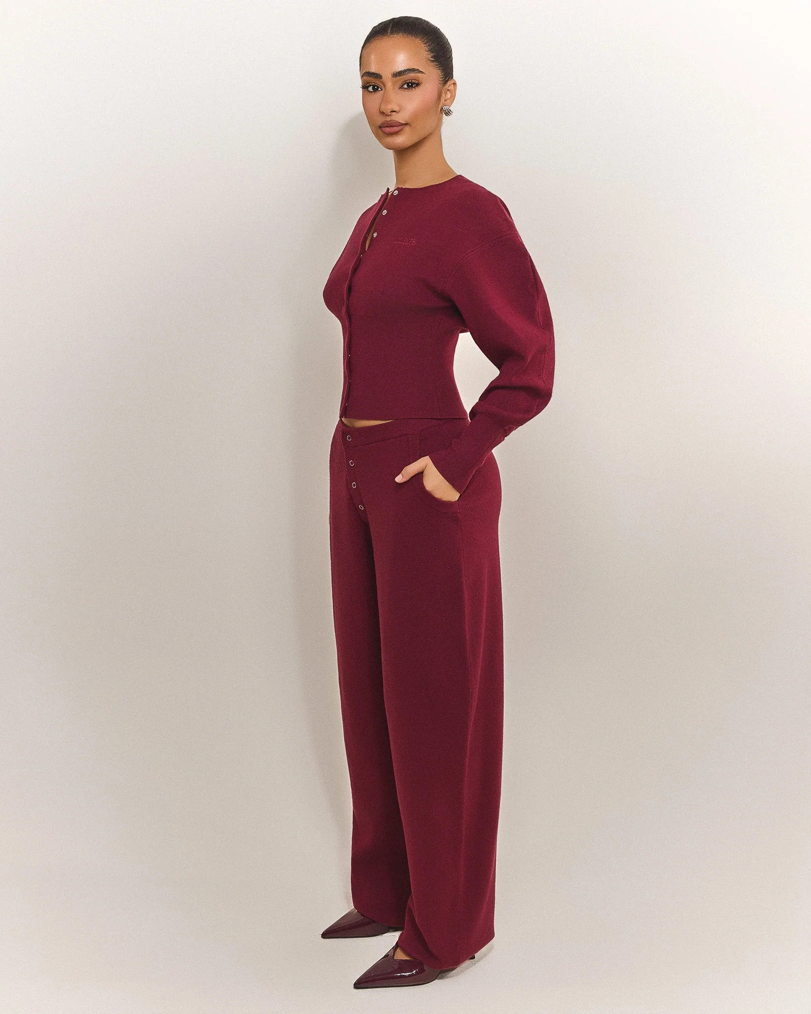 The Knit Button Up Joggers in Burgundy - Image 3