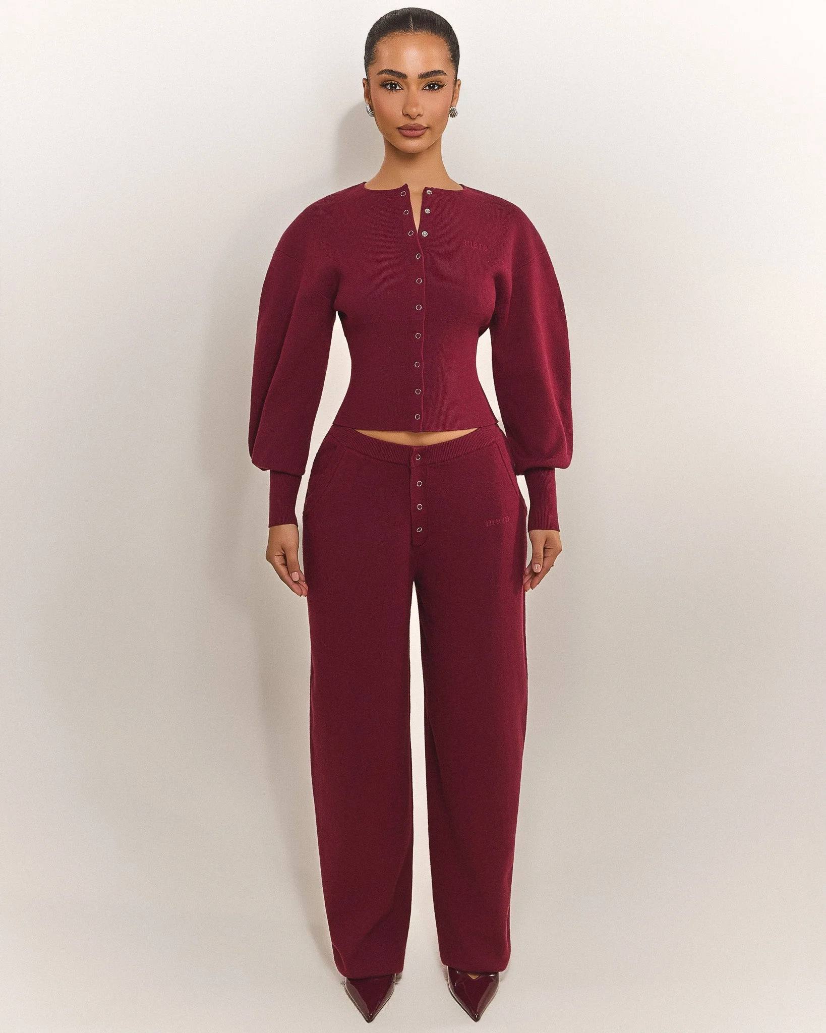 The Knit Button Up Joggers in Burgundy - Image 5
