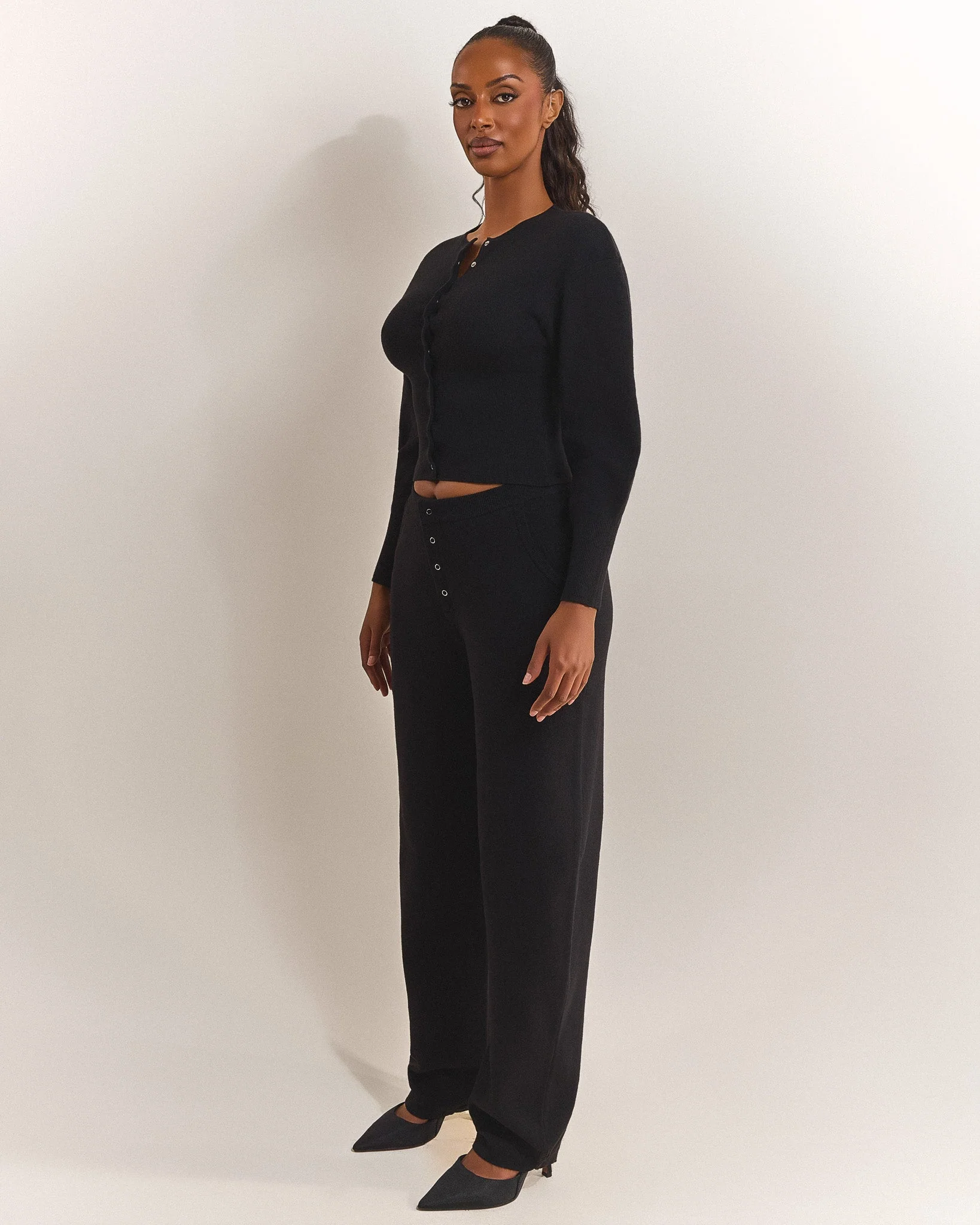 The Knit Button Up Cardigan in Black - Image 3