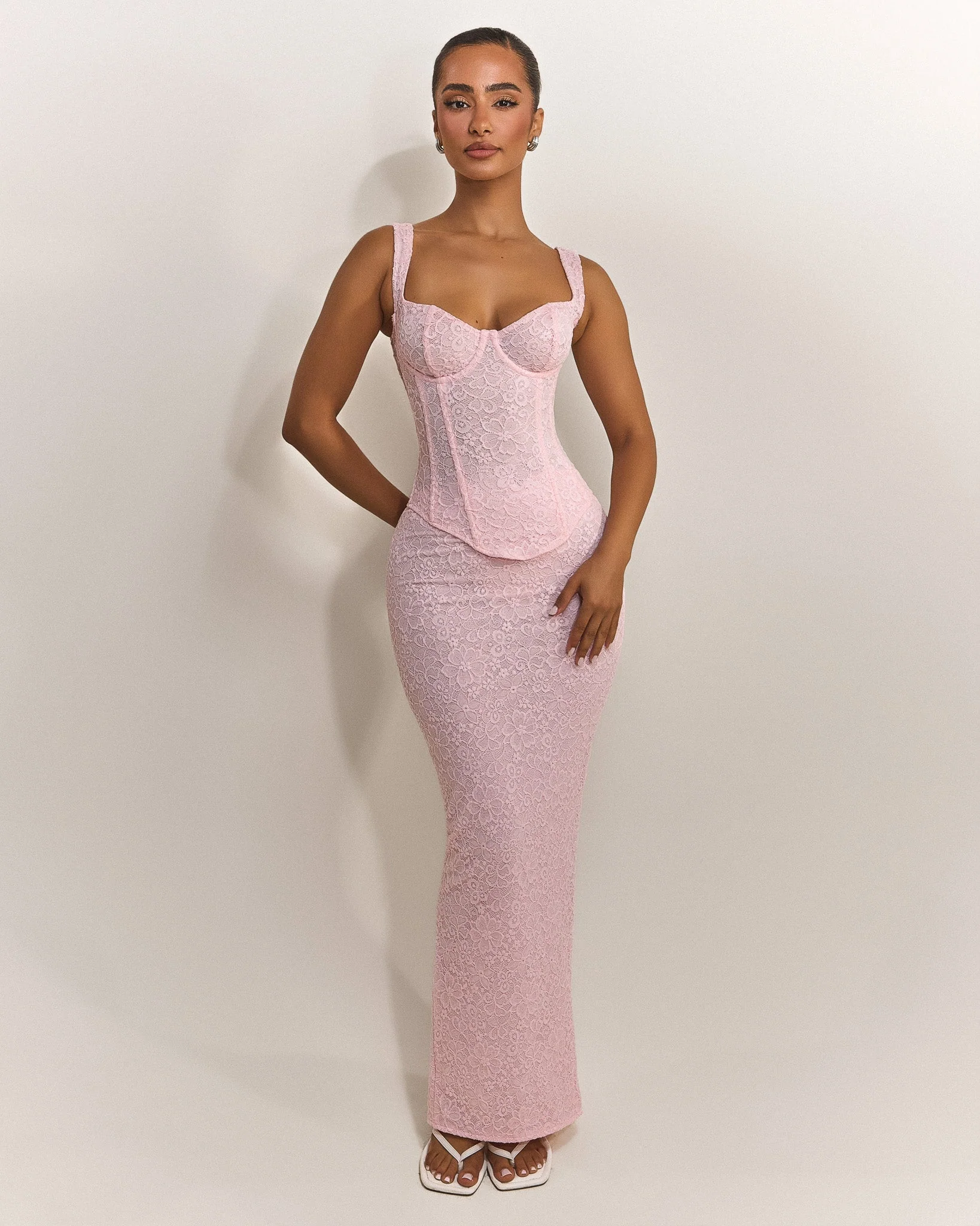 The Cinched Lace Corset Maxi Set in Baby Pink - Image 10