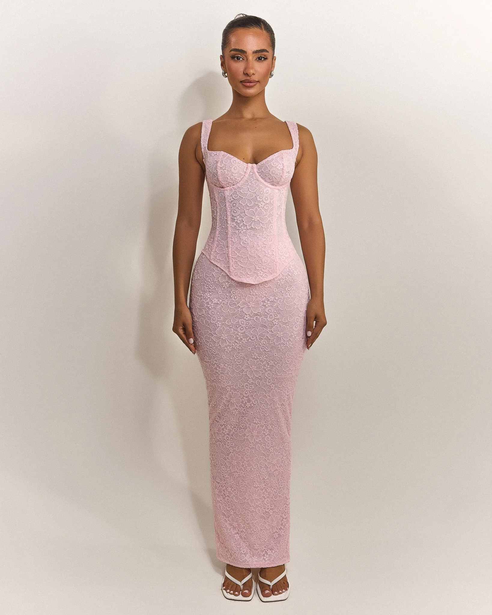 The Cinched Lace Corset Maxi Set in Baby Pink - Image 11
