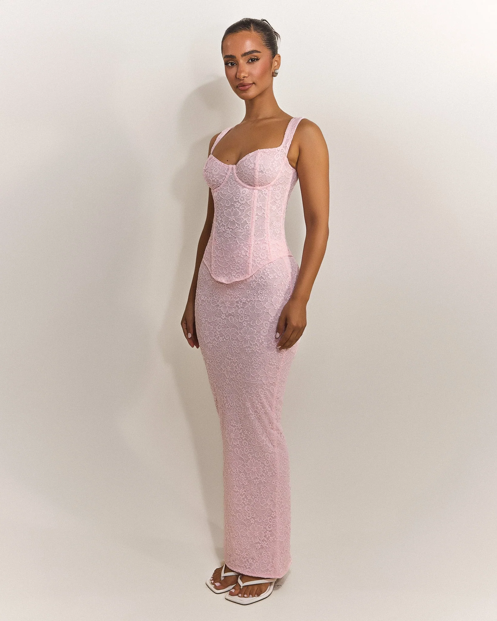 The Cinched Lace Corset Maxi Set in Baby Pink - Image 12