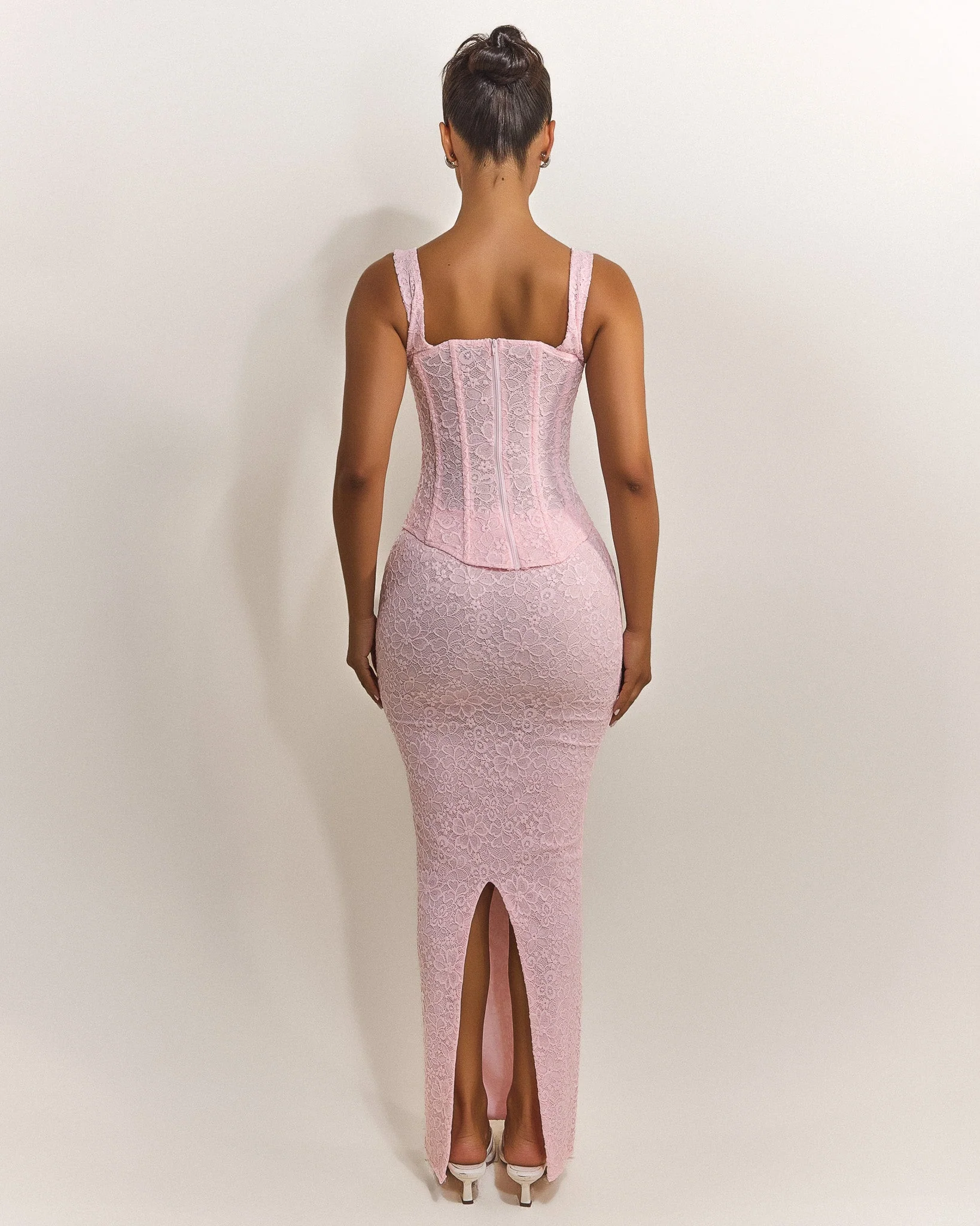The Cinched Lace Corset Maxi Set in Baby Pink - Image 13