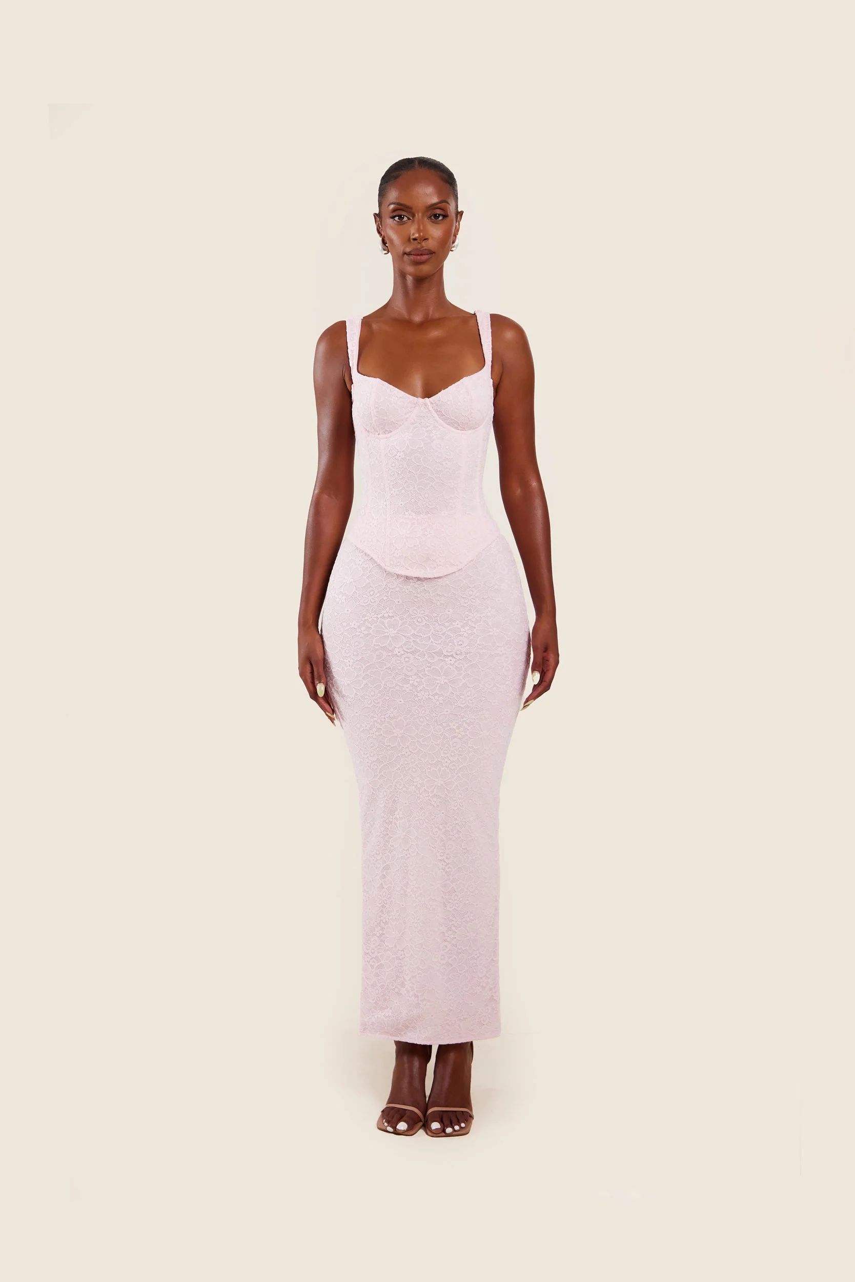 The Cinched Lace Corset Maxi Set in Baby Pink - Image 15