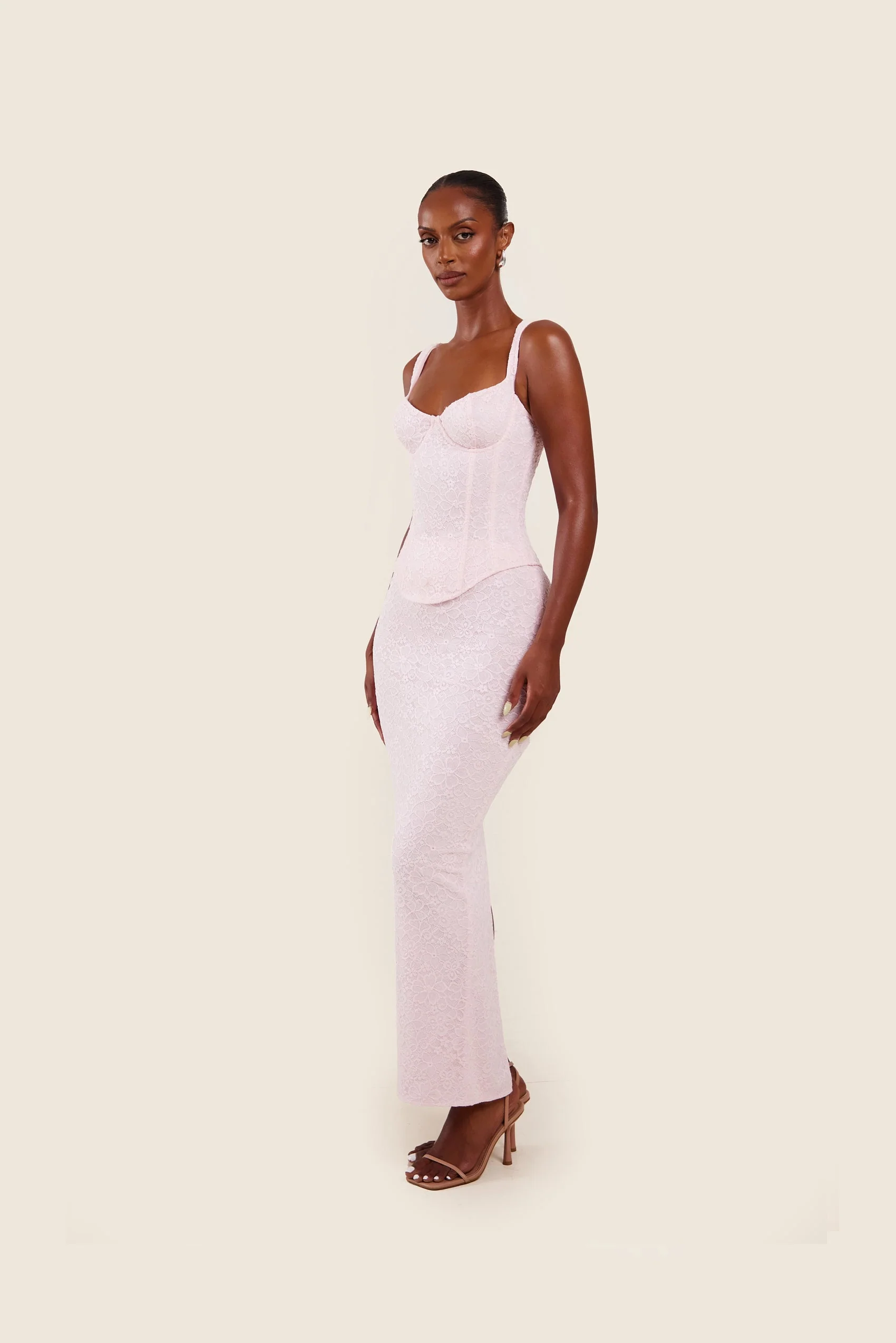 The Cinched Lace Corset Maxi Set in Baby Pink - Image 16