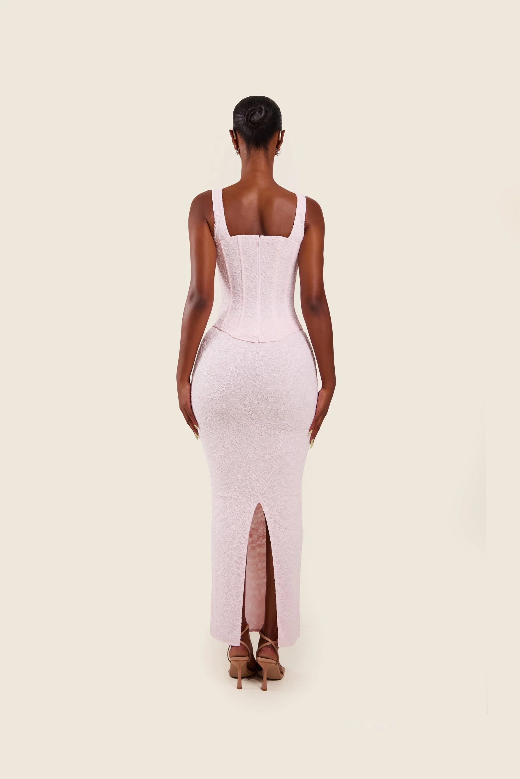 The Cinched Lace Corset Maxi Set in Baby Pink - Image 17