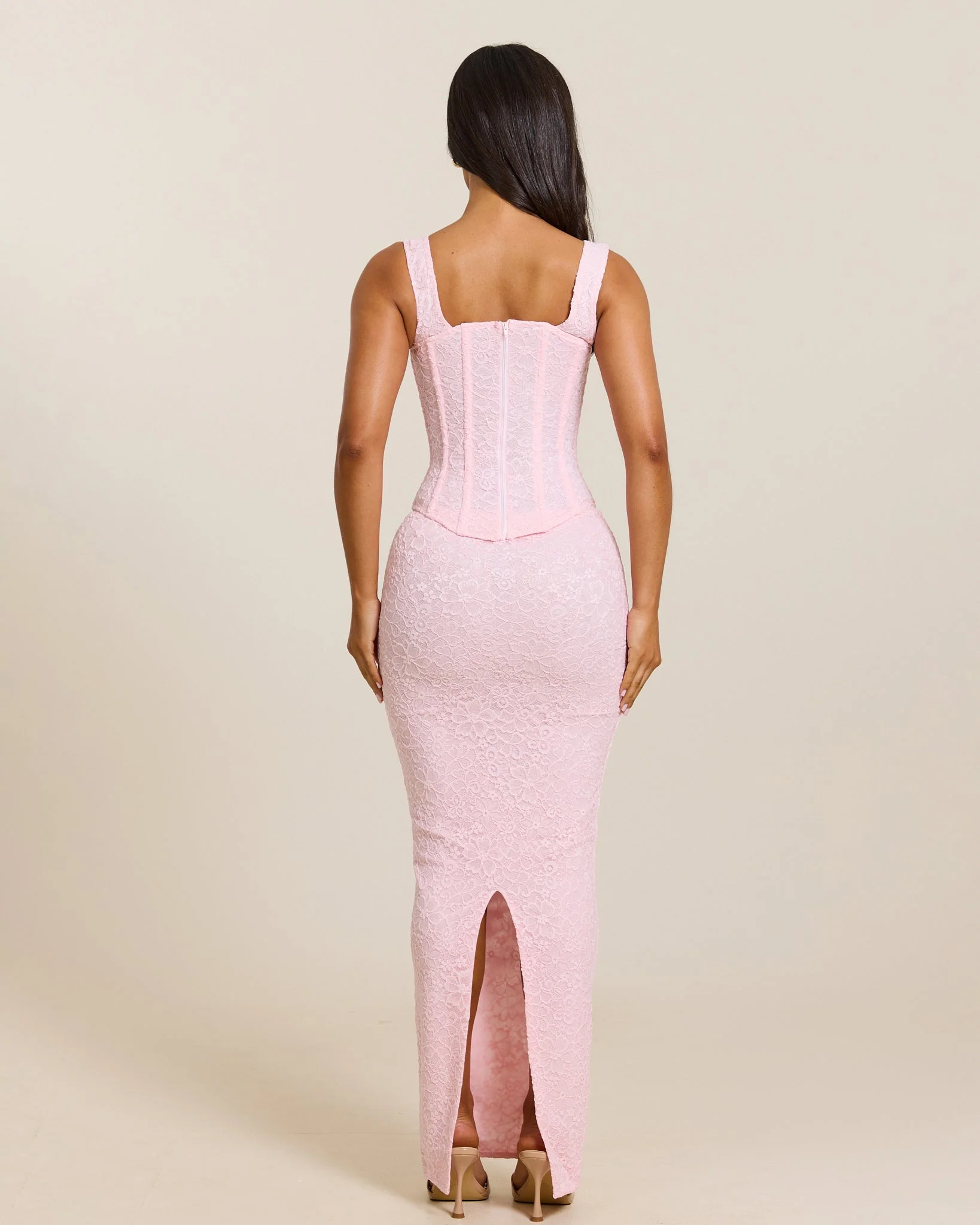 The Cinched Lace Corset Maxi Set in Baby Pink - Image 4