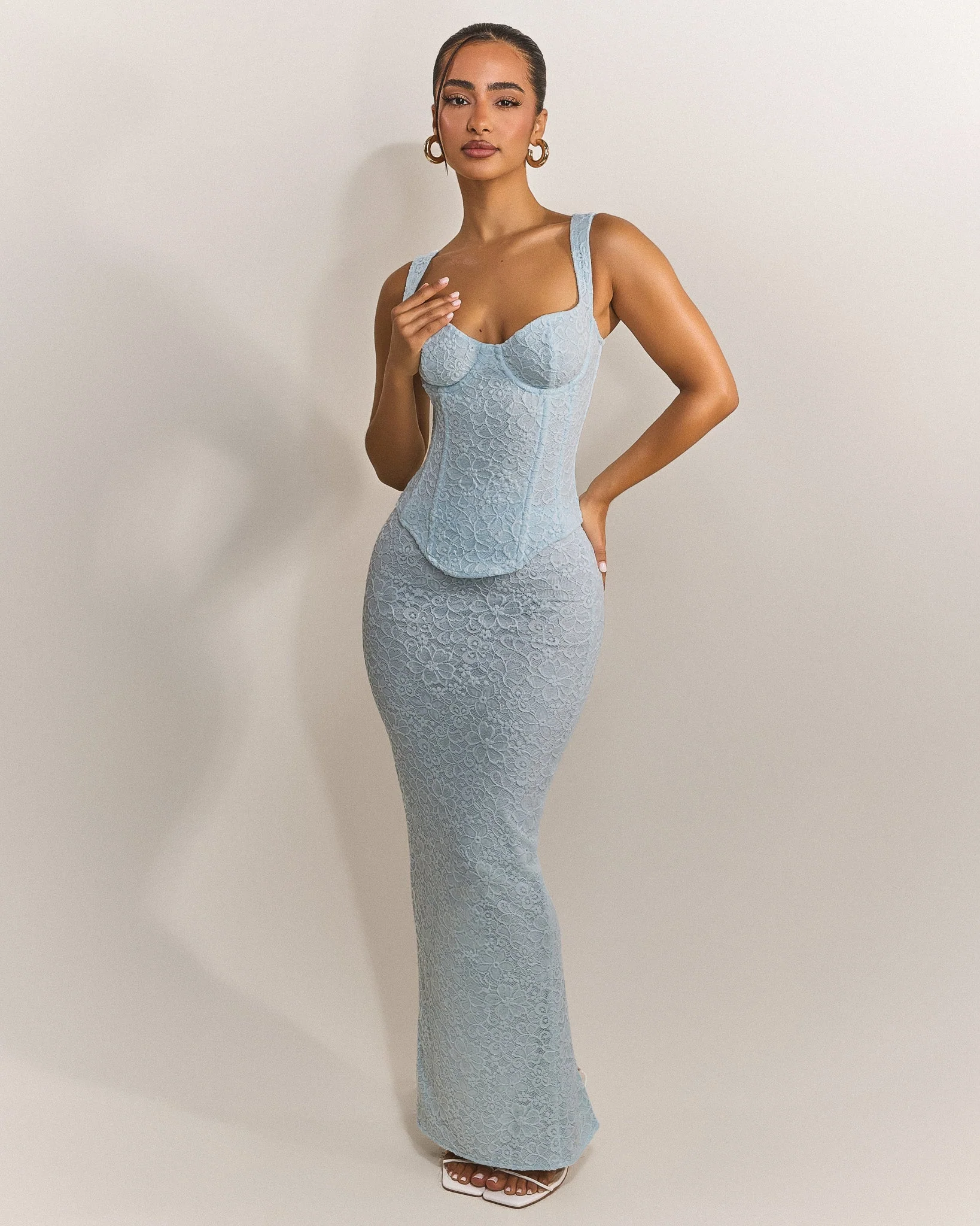 The Cinched Lace Corset Maxi Set in Blue - Image 14