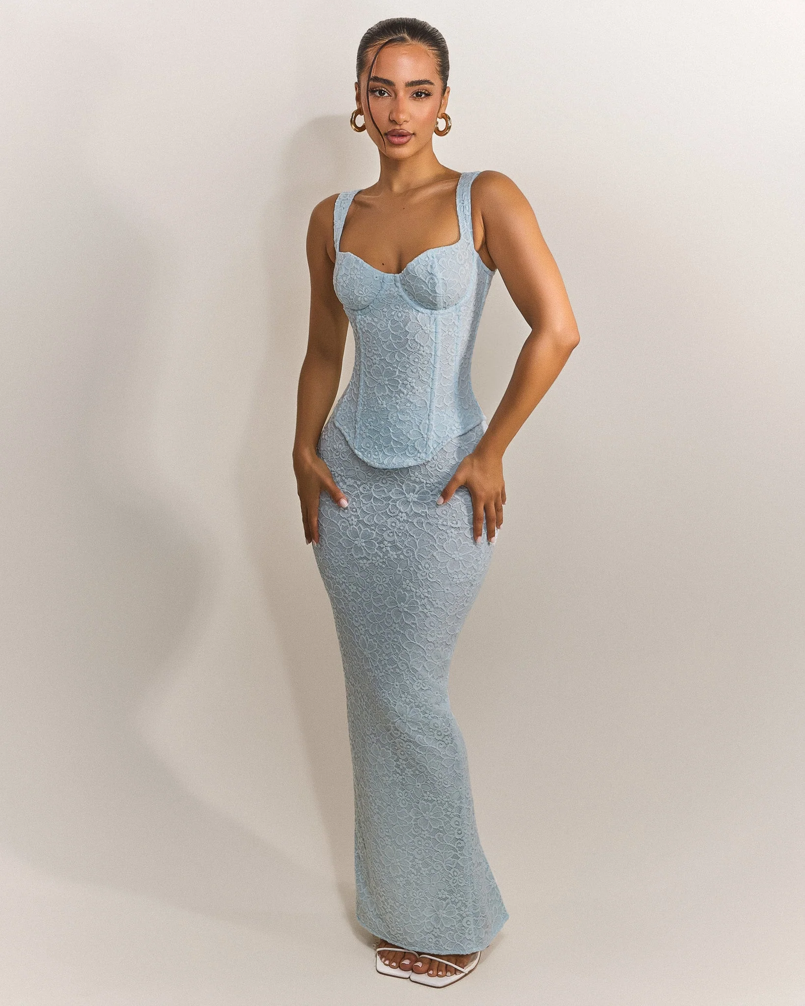 The Cinched Lace Corset Maxi Set in Blue - Image 15