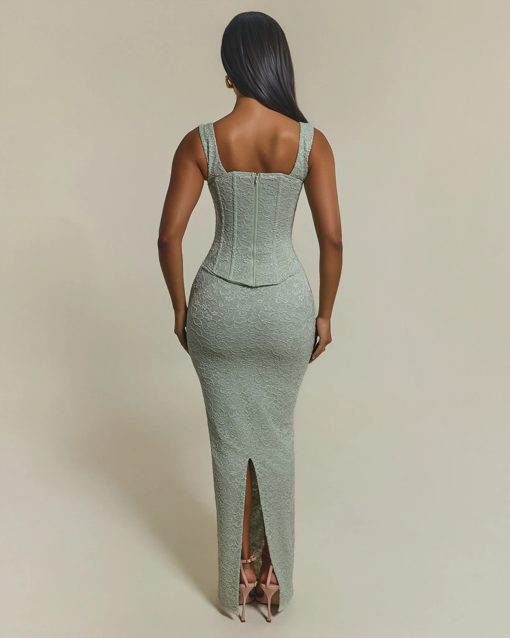 The Cinched Lace Corset Maxi Skirt Set in Sage Green - Image 3