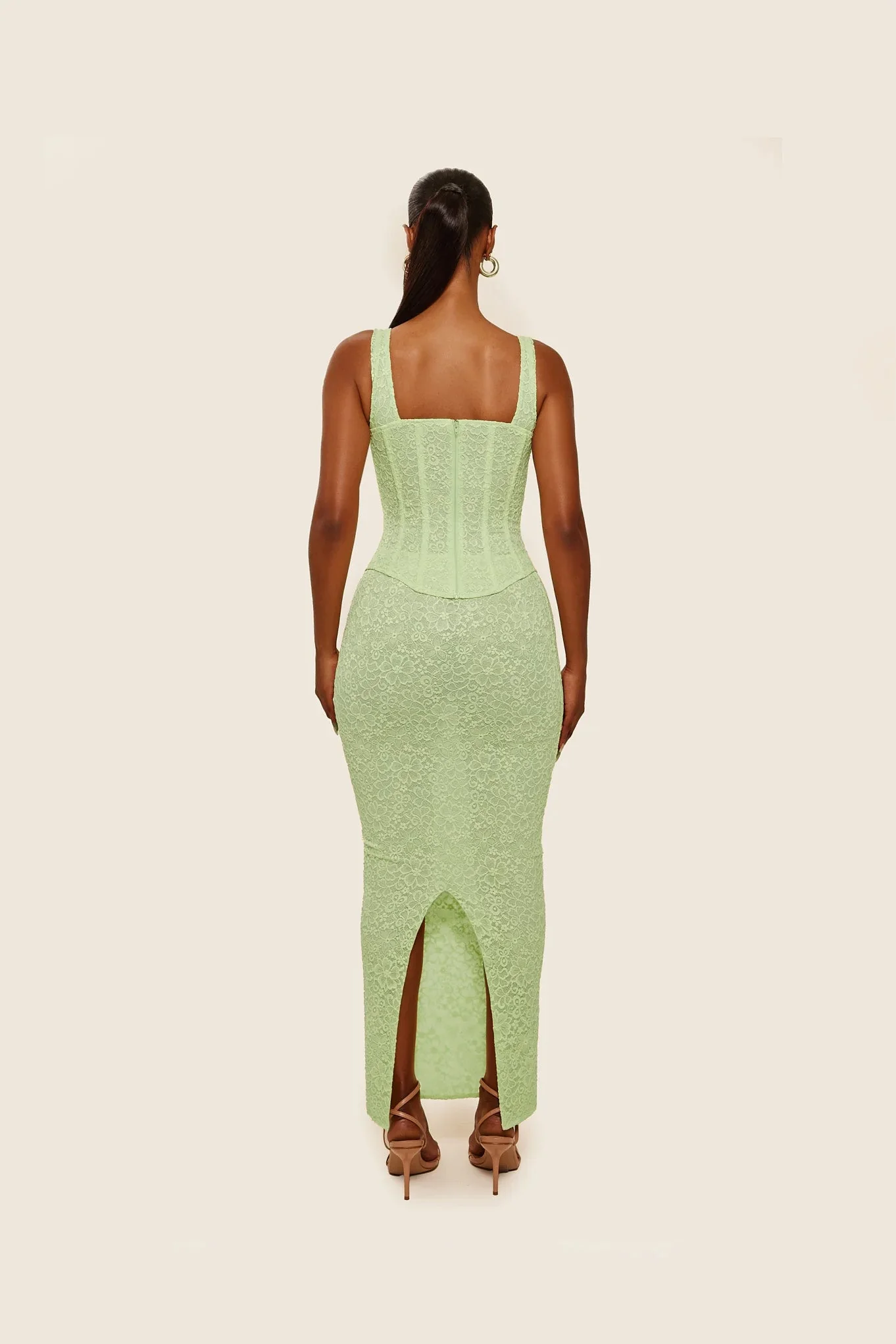 The Cinched Lace Maxi Set in Lime - Image 3