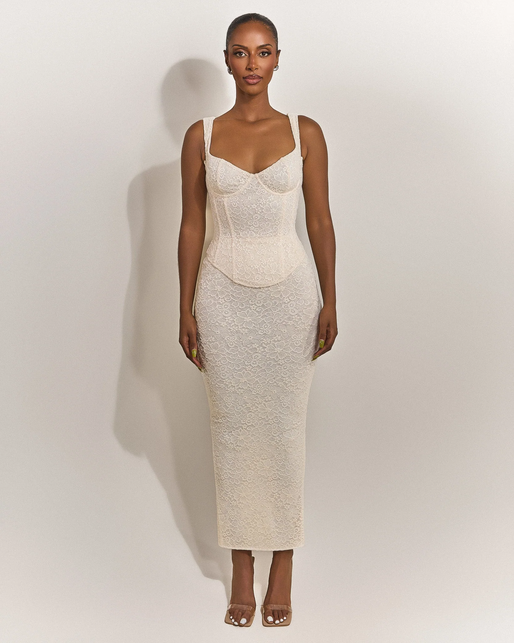 The Cinched Lace Maxi Set in Off White - Image 15