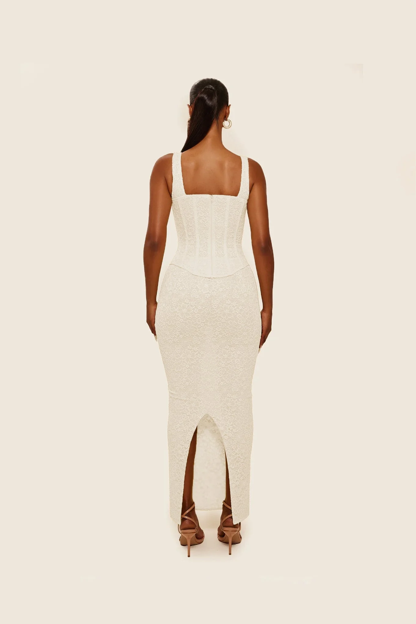 The Cinched Lace Maxi Set in Off White - Image 21