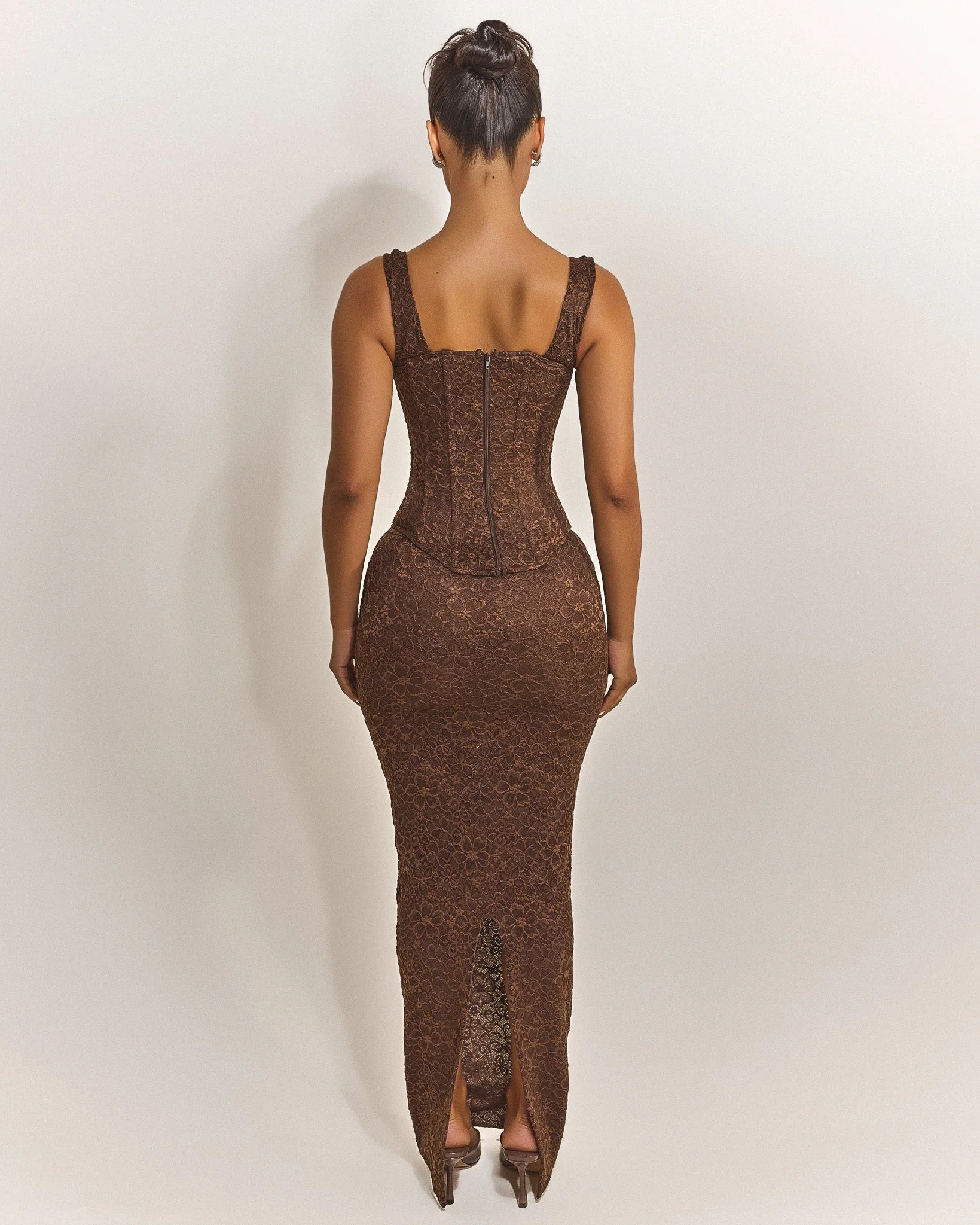 The Cinched Lace Maxi Skirt in Brown - Image 3