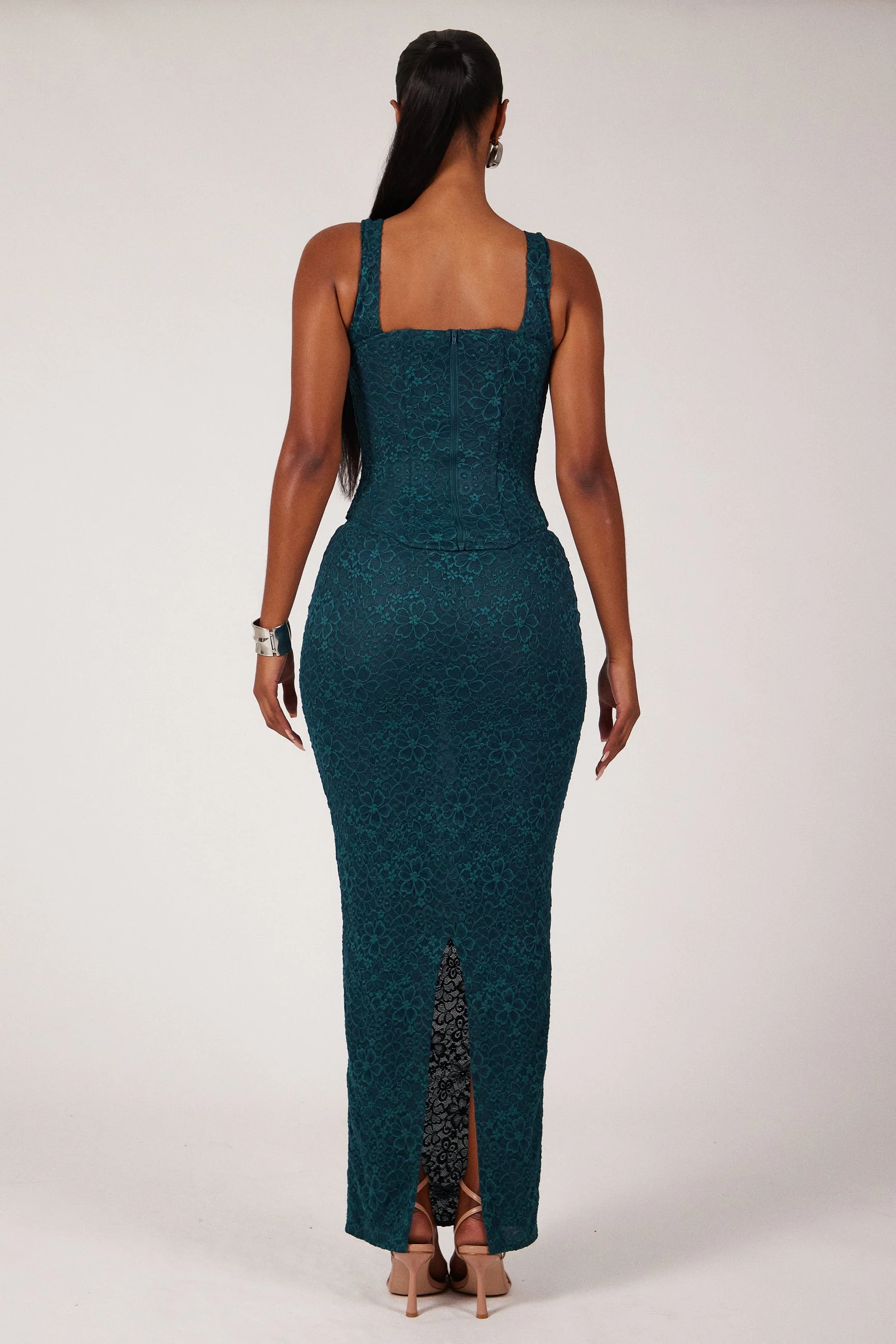 The Cinched Lace Maxi Skirt in Teal - Image 10