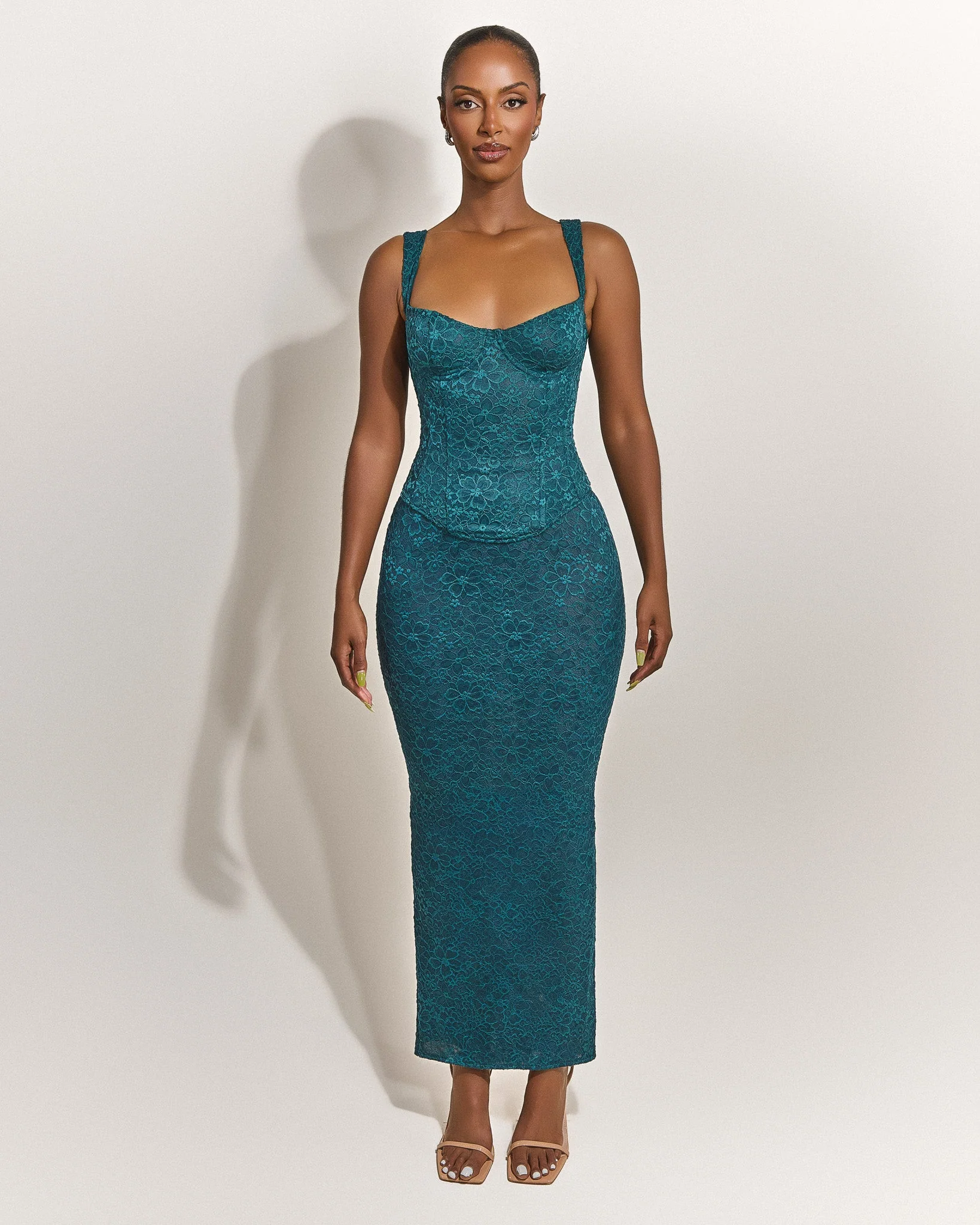 The Cinched Lace Maxi Skirt in Teal - Image 3