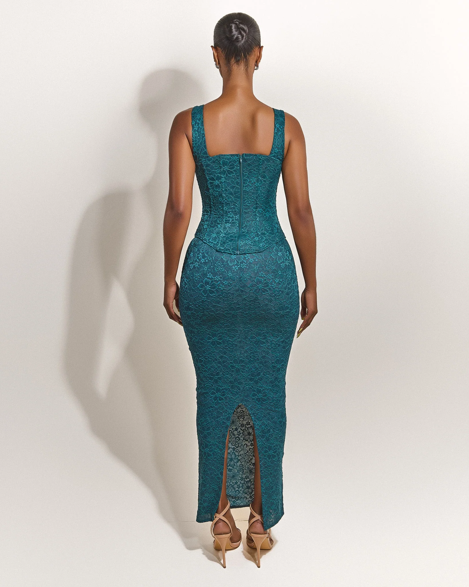 The Cinched Lace Maxi Skirt in Teal - Image 4
