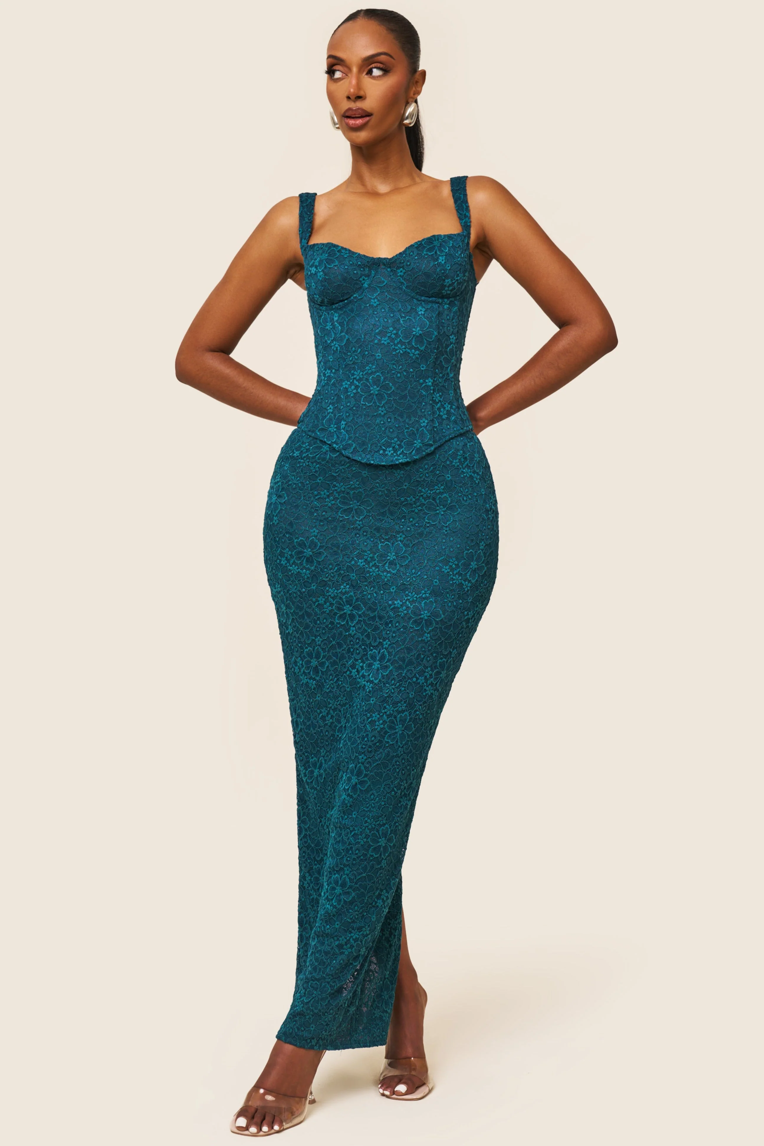The Cinched Lace Maxi Skirt in Teal - Image 5