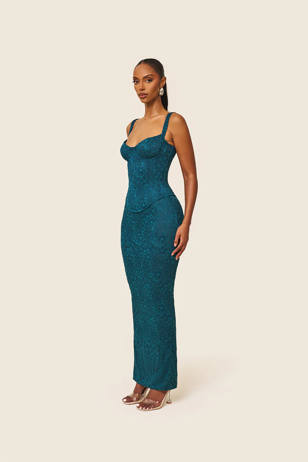 The Cinched Lace Maxi Skirt in Teal - Image 6