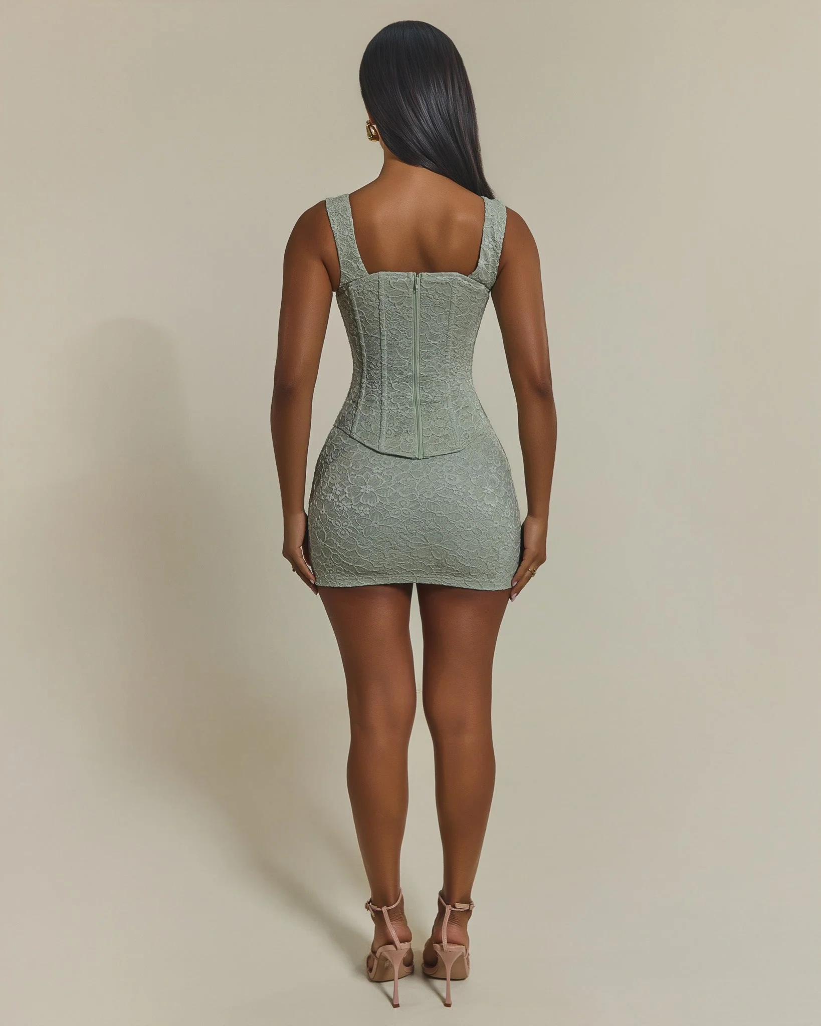 The Cinched Lace Corset Mini Skirt Set in Sage Green - Image 5