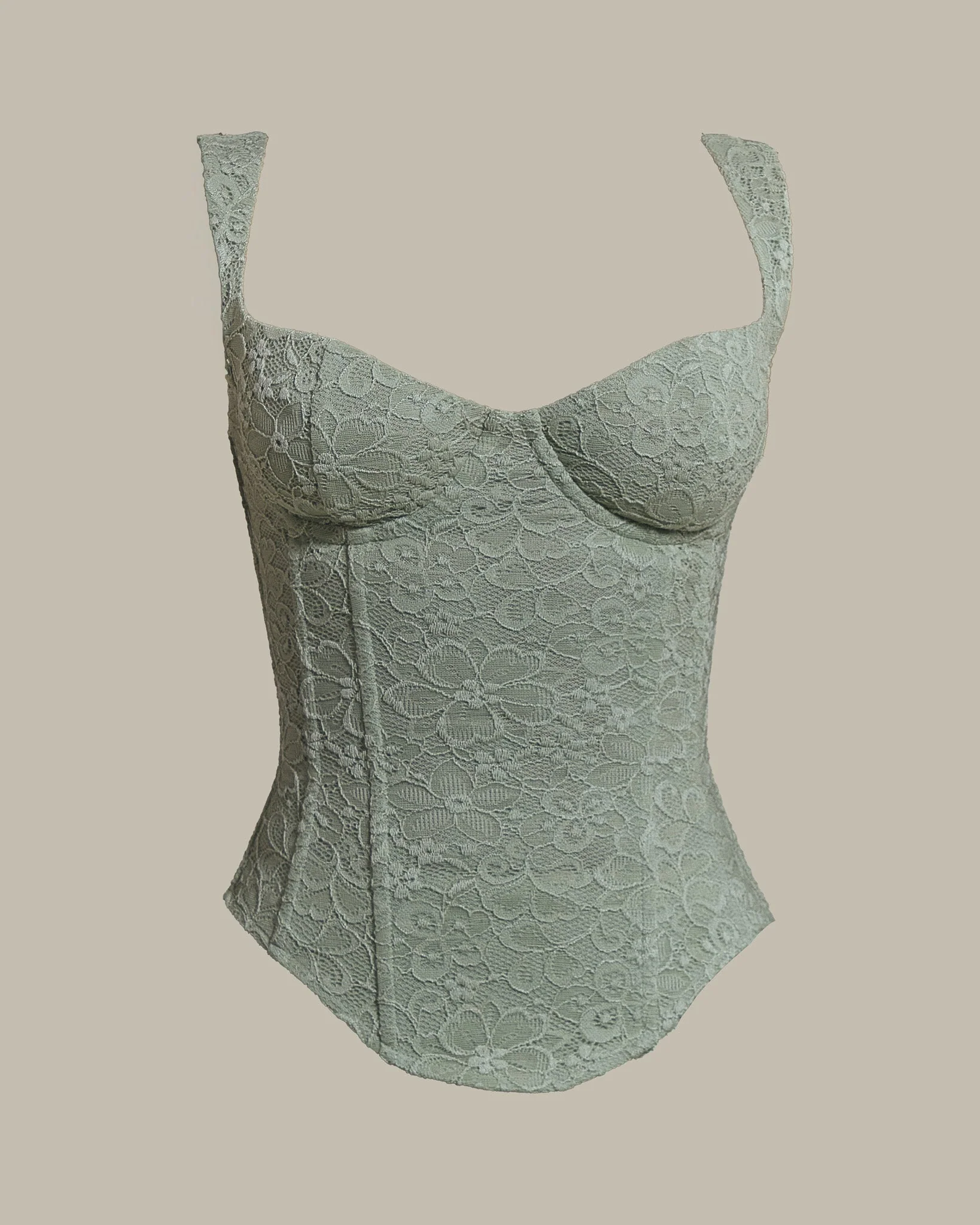 The Cinched Lace Corset Mini Skirt Set in Sage Green - Image 6