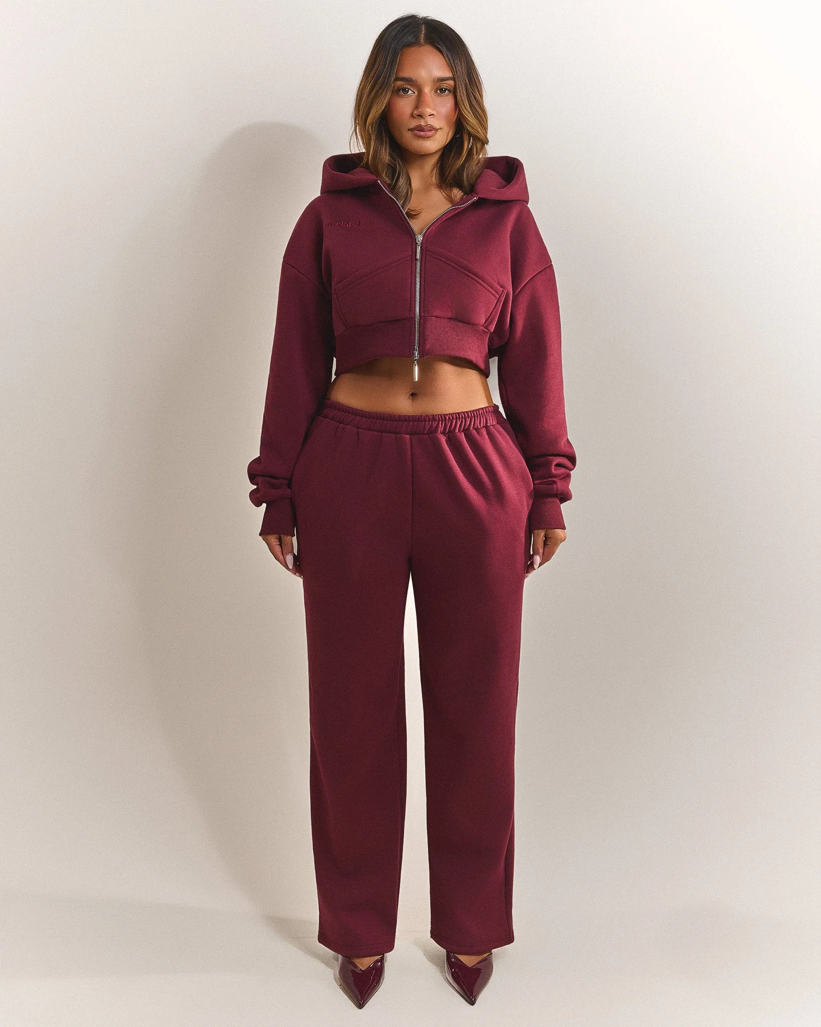 The Classics Cropped Zip Hoodie in Wine - Image 4
