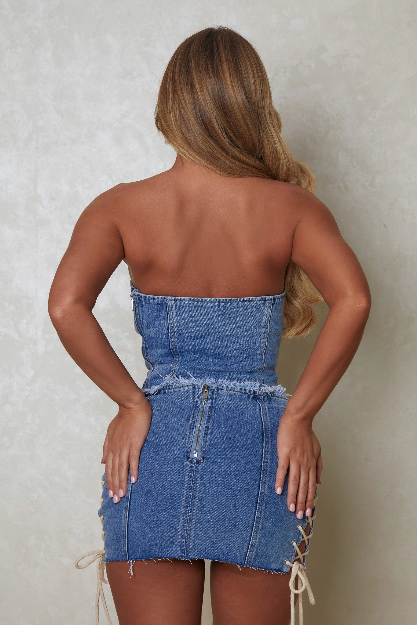 The Denim Lace Up Skirt in Dark Wash - Image 3