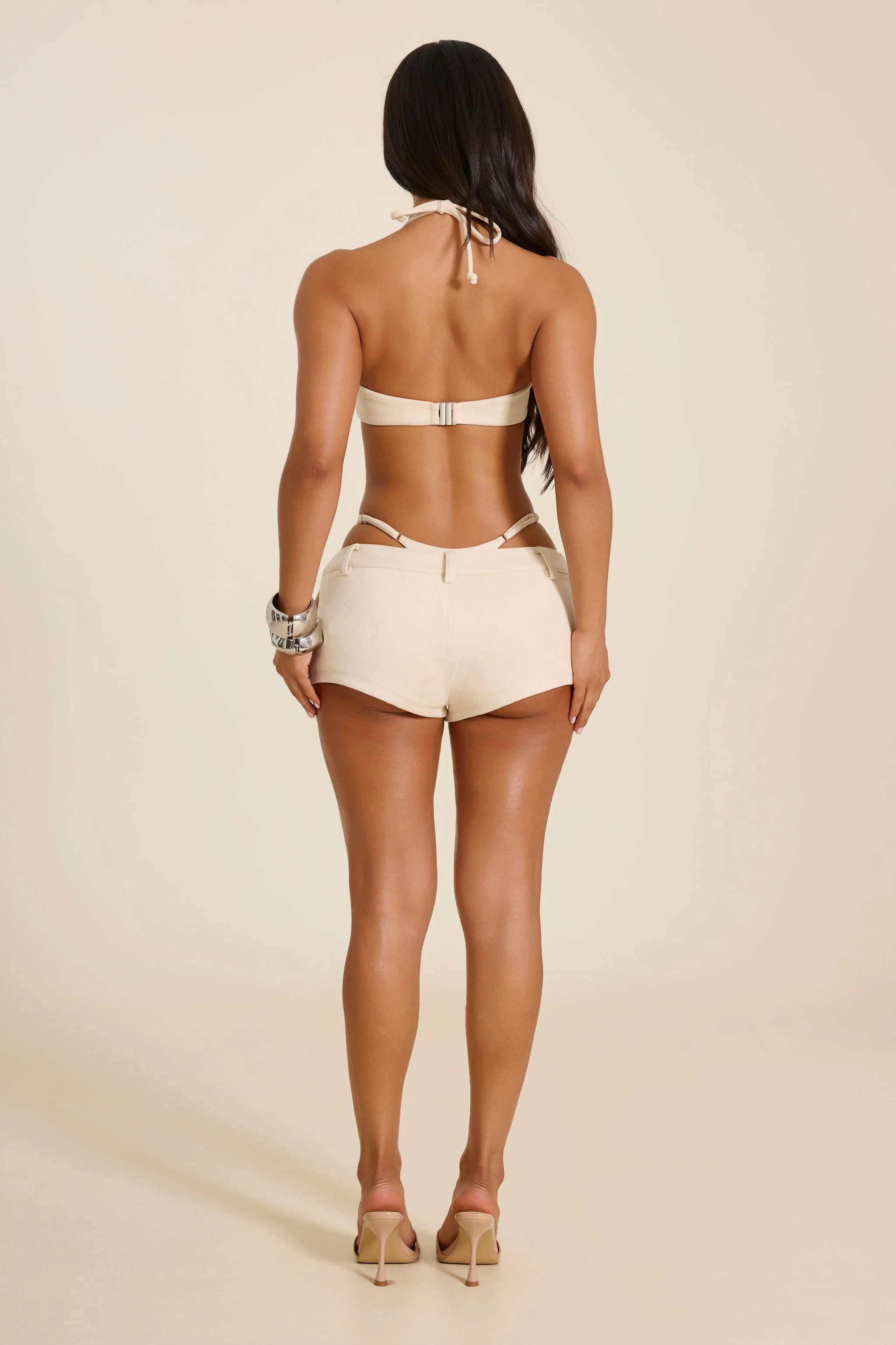 The Elinor Faux Suede Mini Shorts in Stone - Image 4