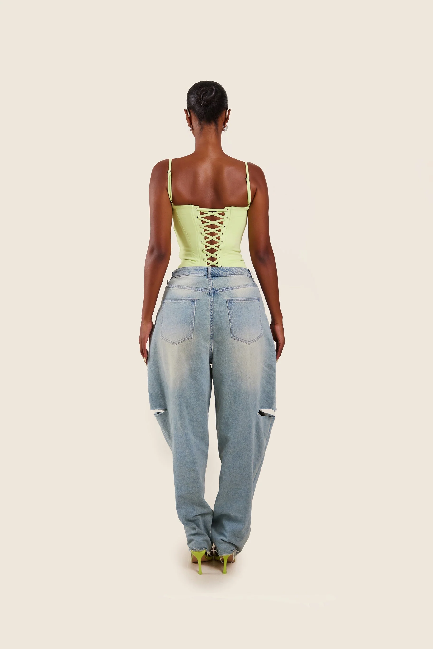 The Everly Lace Up Corset Top in Lime Green - Image 3