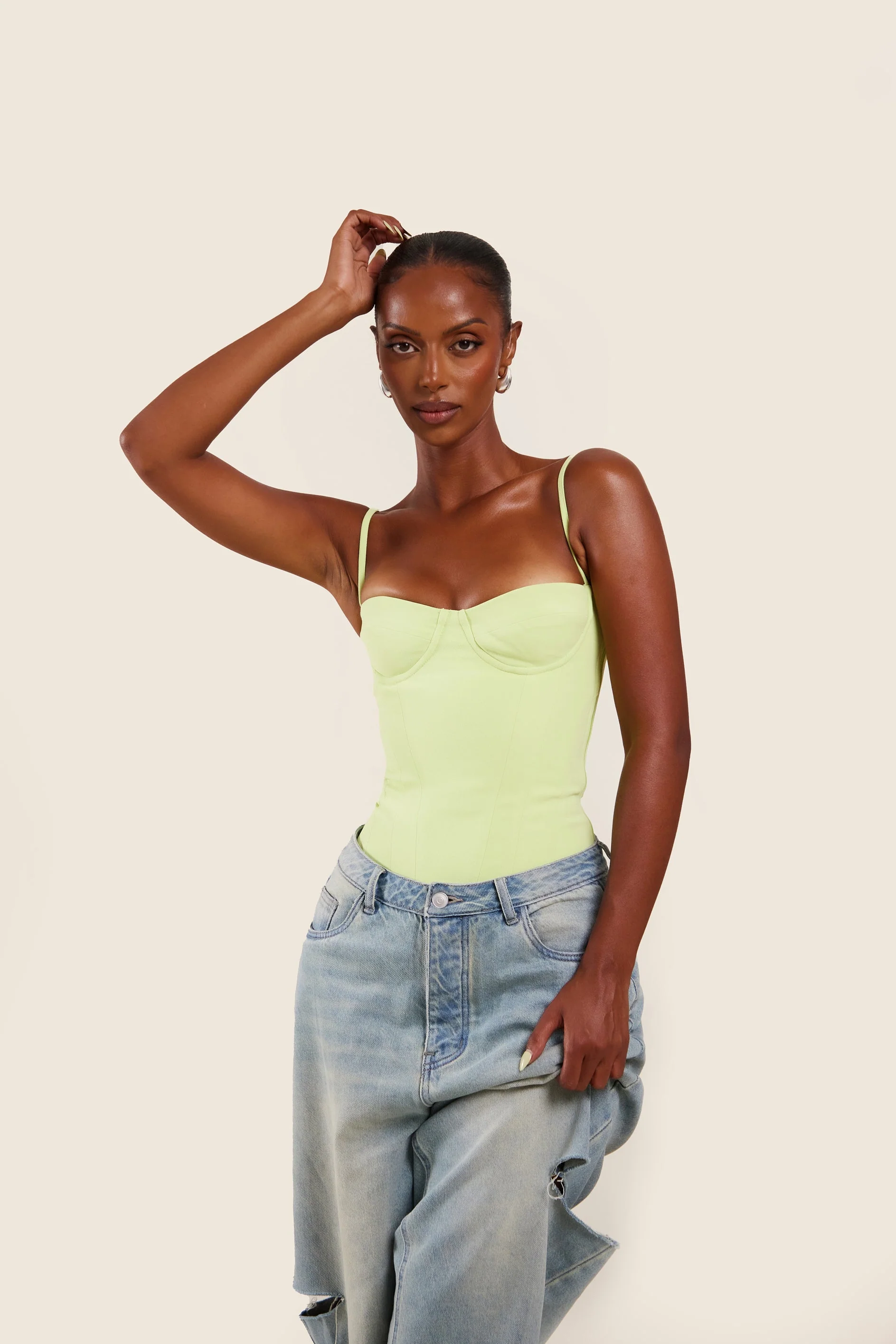 The Everly Lace Up Corset Top in Lime Green - Image 4