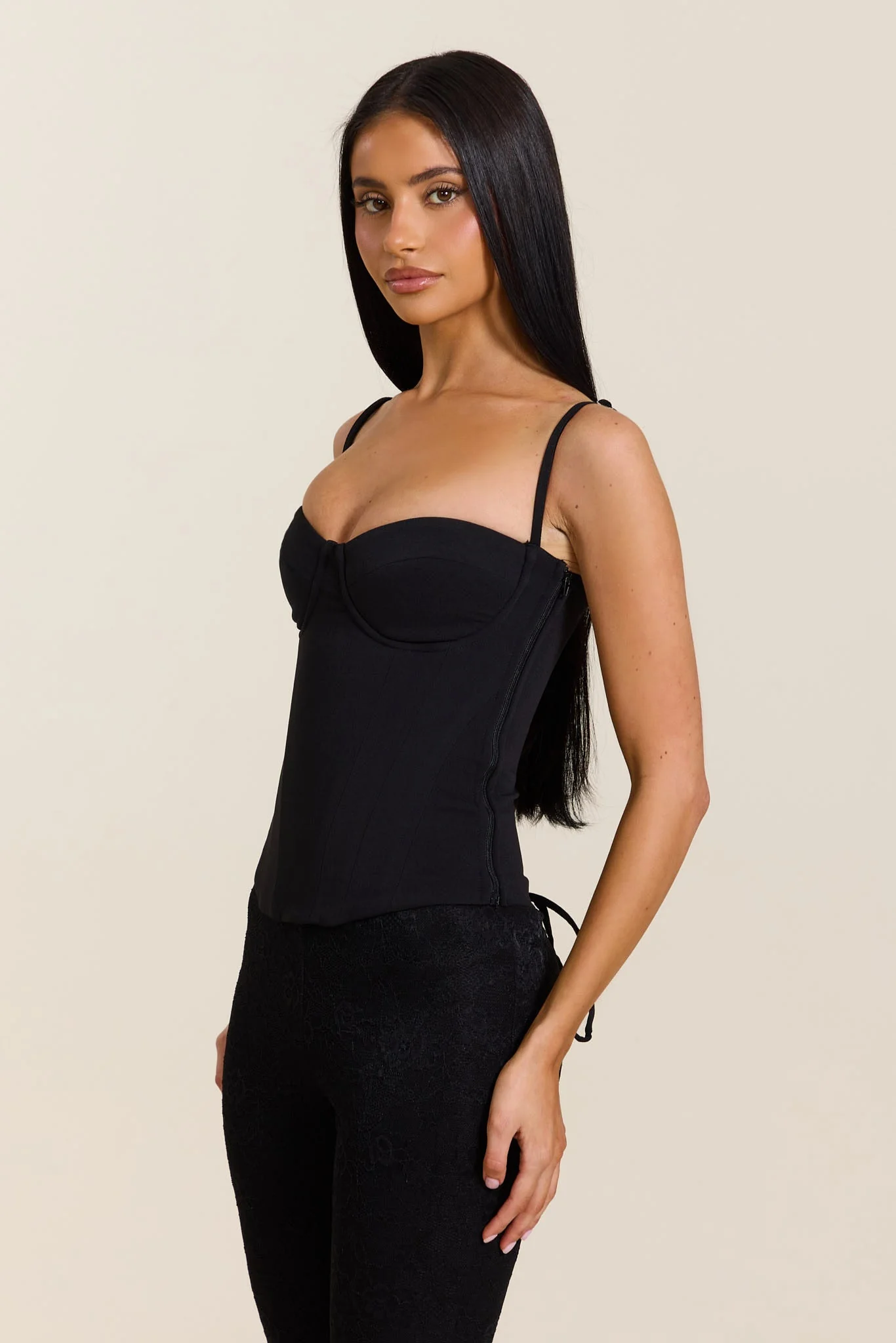 The Everly Lace Up Corset Top in Black - Image 4