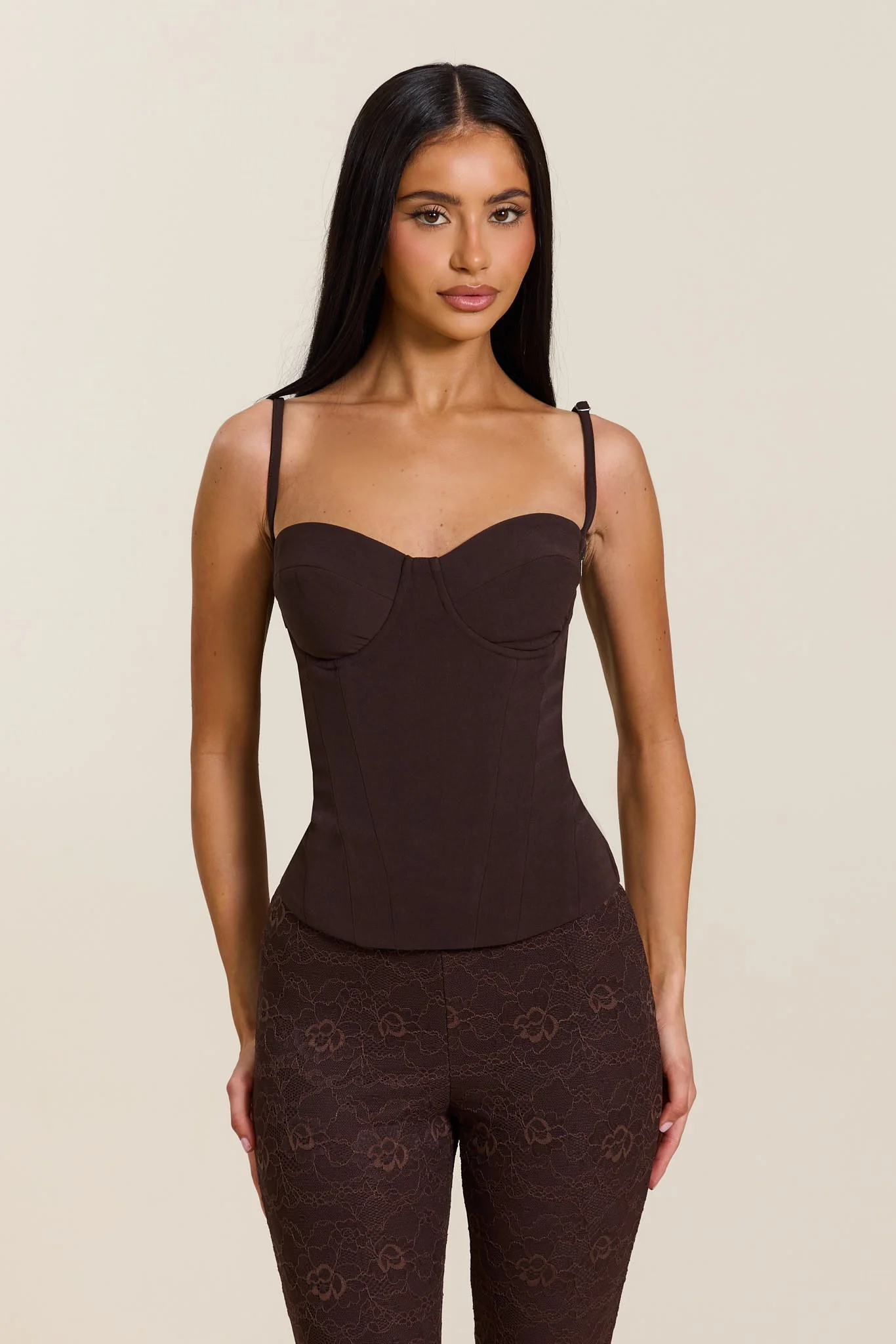 The Everly Lace Up Corset Top in Brown - Image 3
