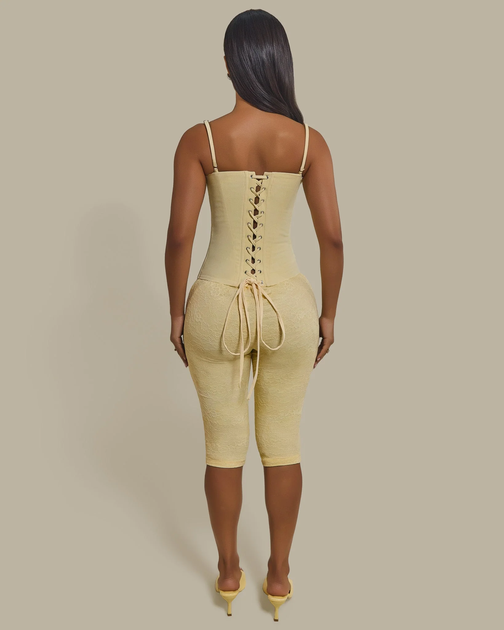 The Everly Lace Up Corset Top in Butter Yellow - Image 3