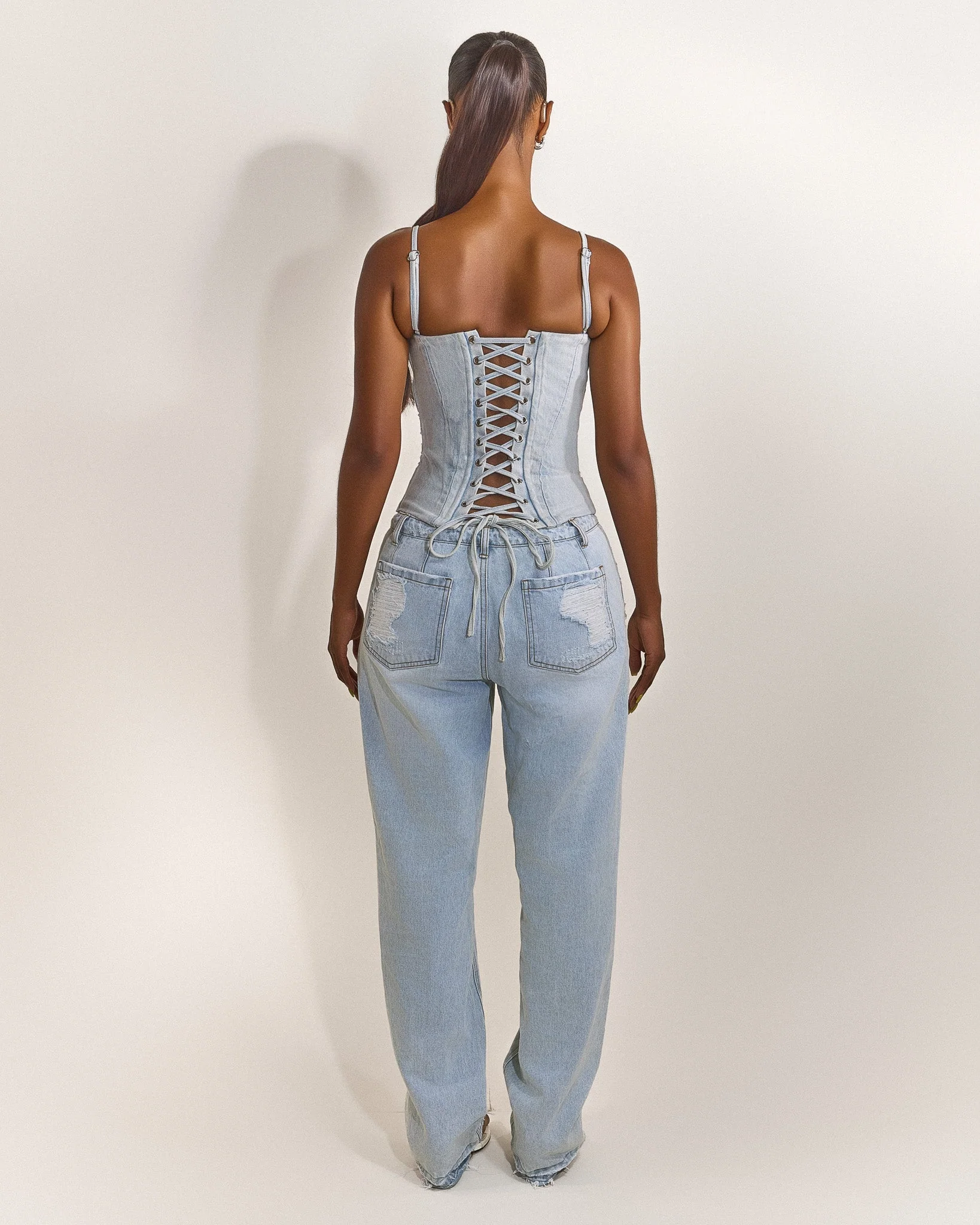 The Everly Lace Up Corset Top in Denim - Image 3