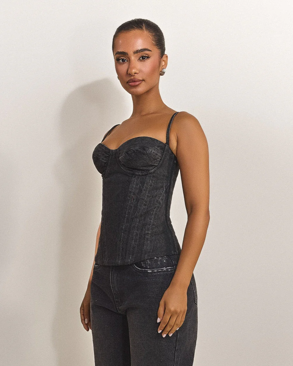 The Everly Lace Up Corset Top in Grey Denim - Image 3