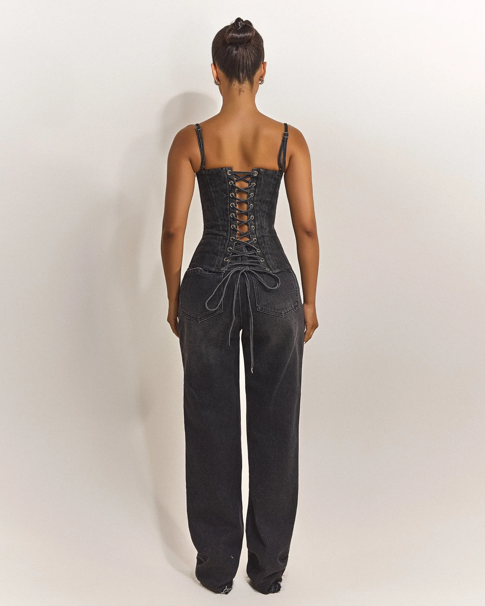 The Everly Lace Up Corset Top in Grey Denim - Image 4