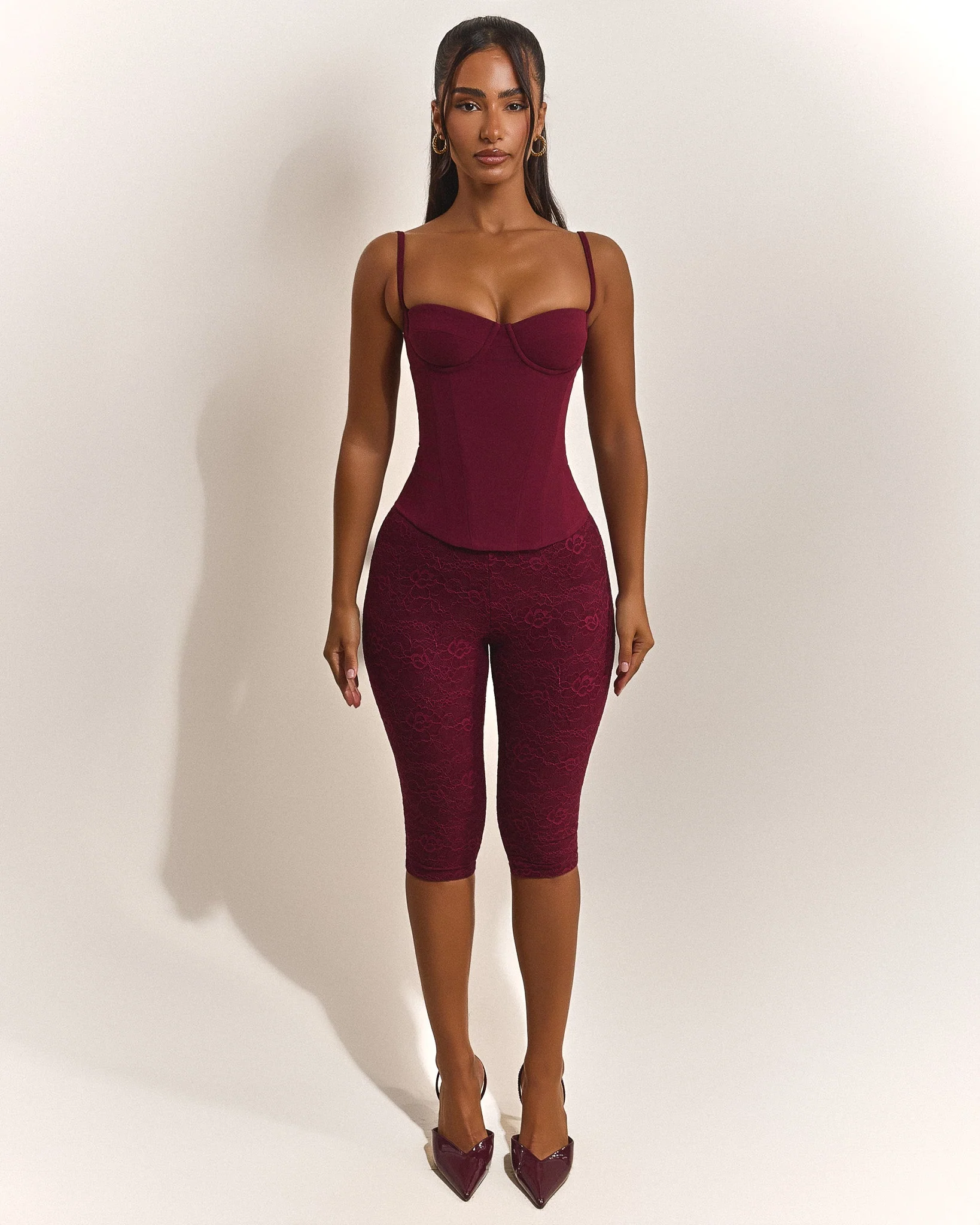 The Everly Lace Up Corset Top in Wine - Image 6
