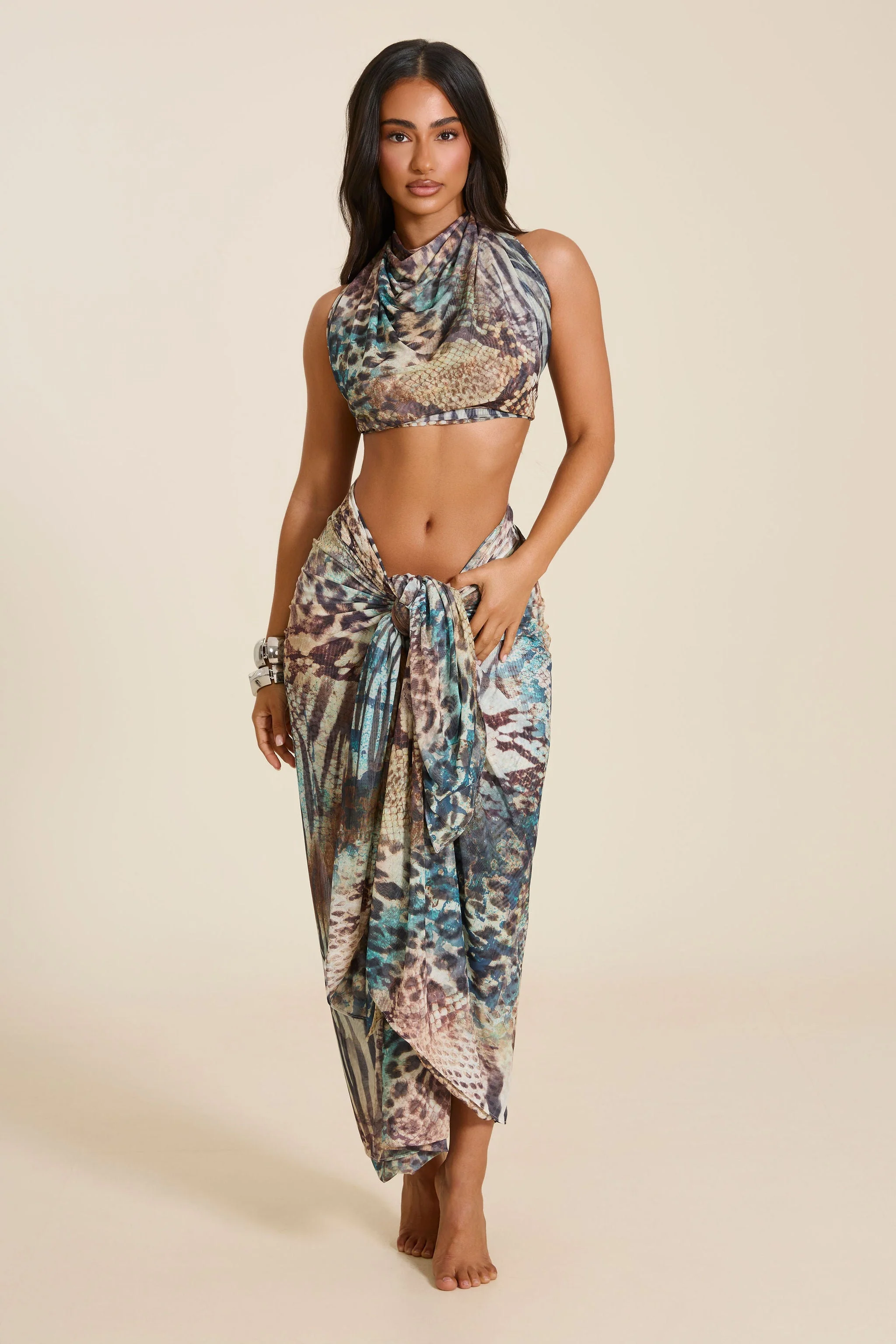 The Gracie Maxi Skirt and Headscarf Set in Teal Animal Print - Image 6