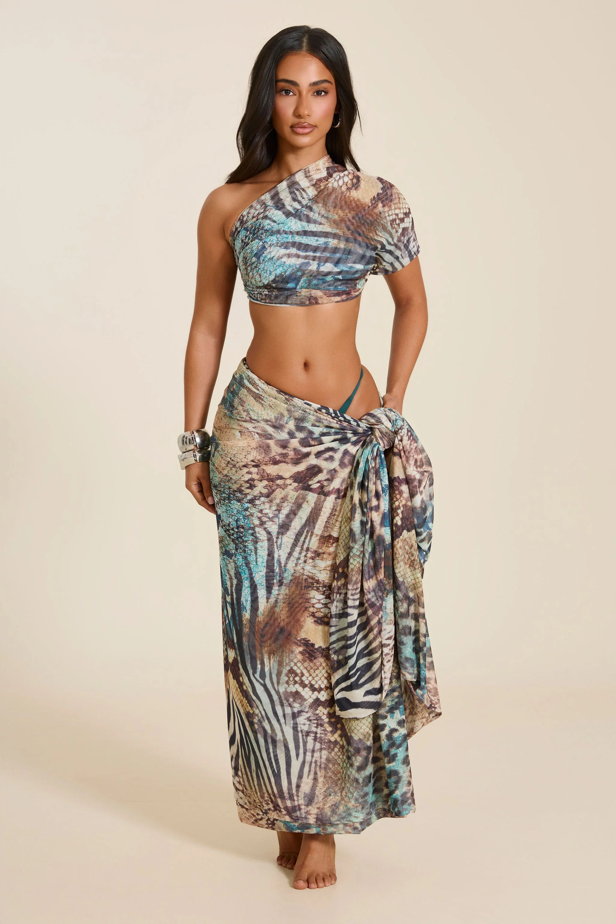 The Gracie Maxi Skirt and Headscarf Set in Teal Animal Print - Image 8