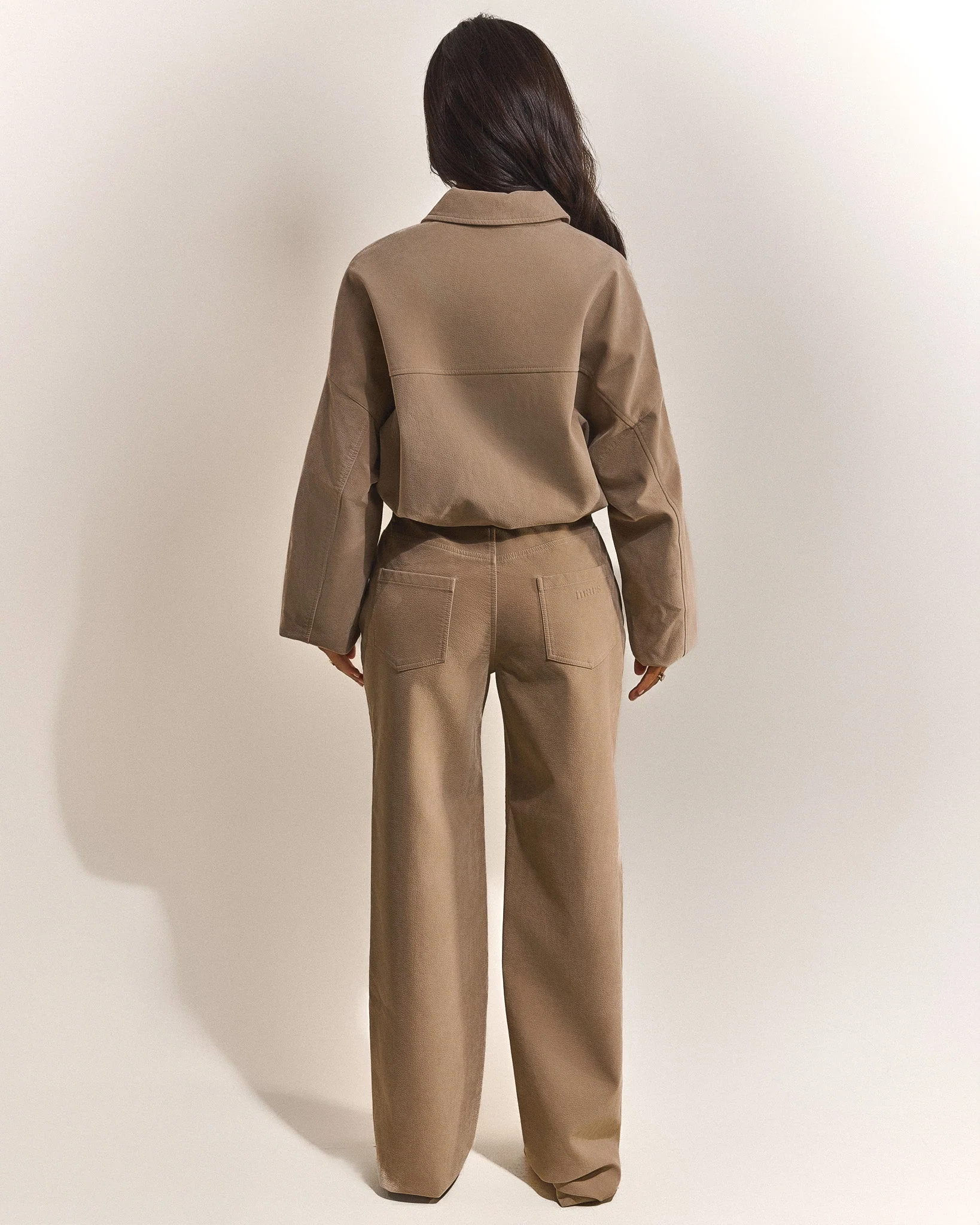 The Isla Faux Suede Straight Leg Trousers in Beige - Image 3